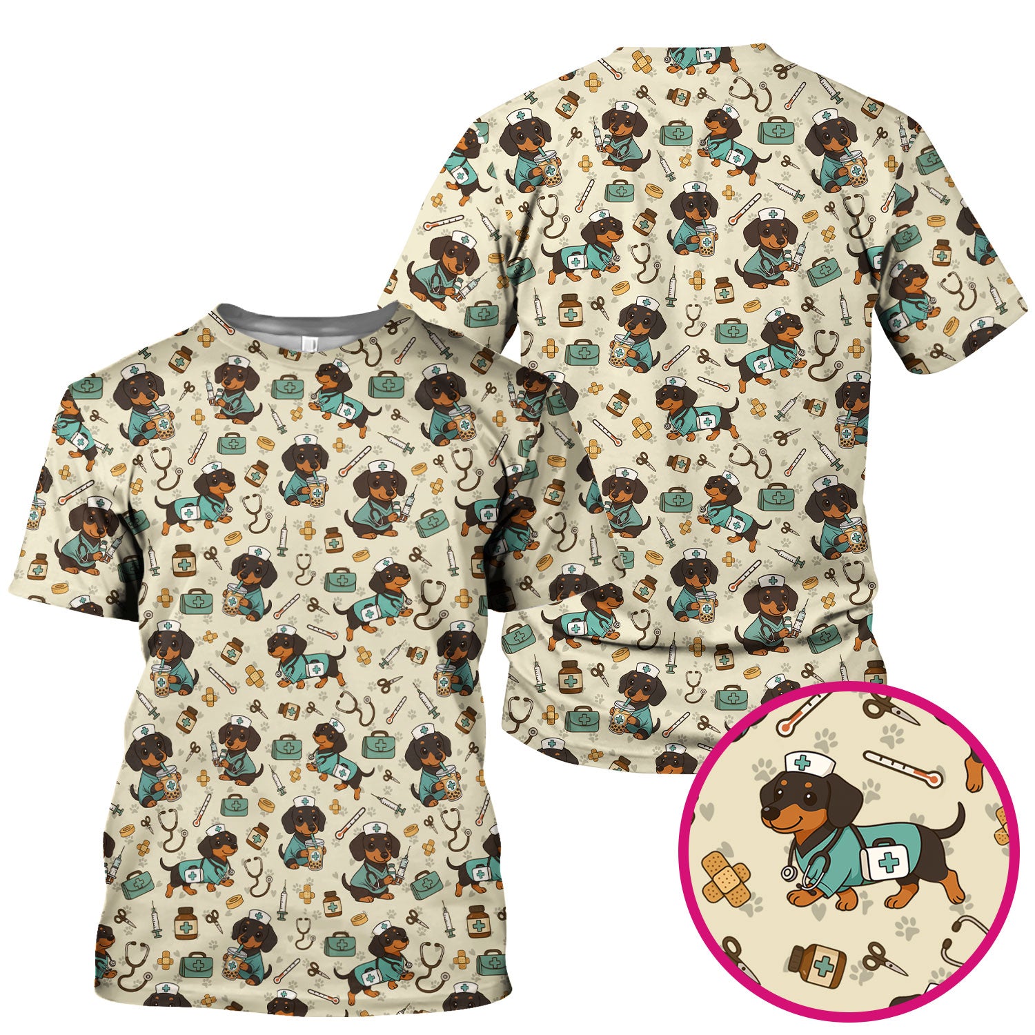 Funny Dachshund Nurse Scrubs - Cute Dog Print Medical Shirt - Holiday Nurse Scrub Top Gift for RN CNA Doctor, Women & Men