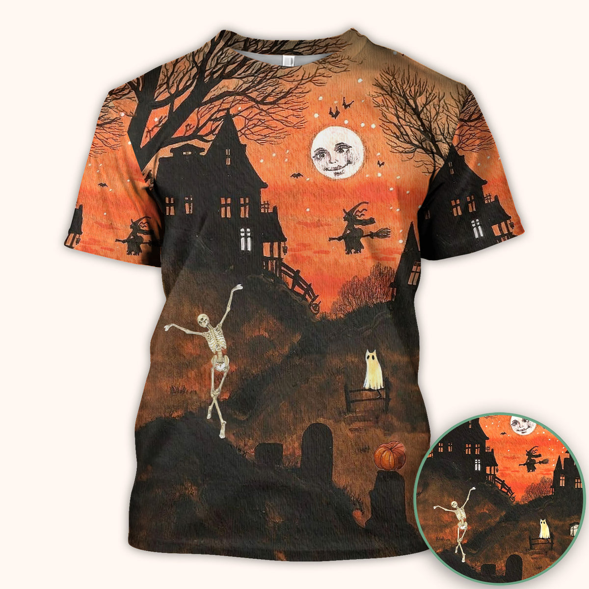 Halloween Haunted House Pattern Scrub Top, Comfortable Scrubs for Nurses