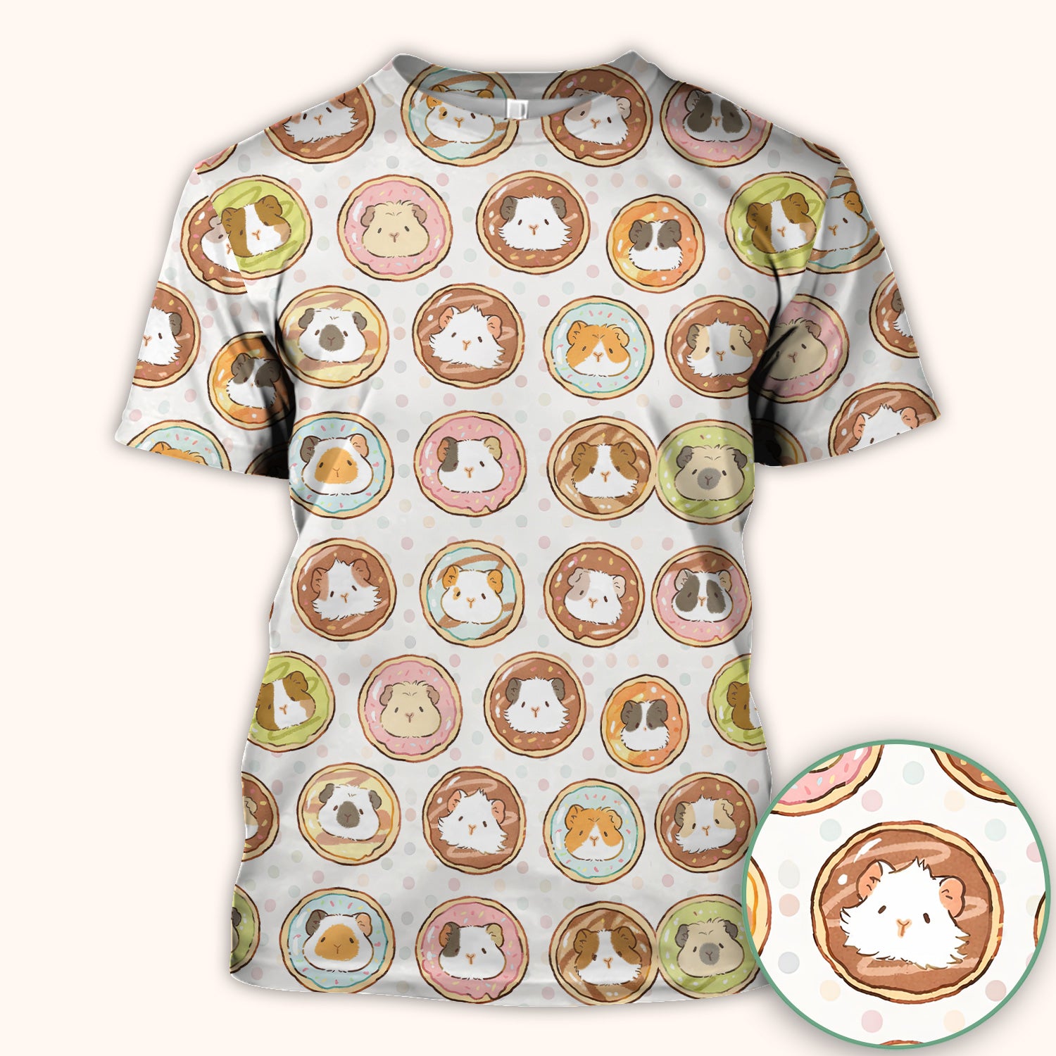 Cute Guinea Pig Donut Circle Pattern Scrub Top, Comfortable Scrubs for Nurses
