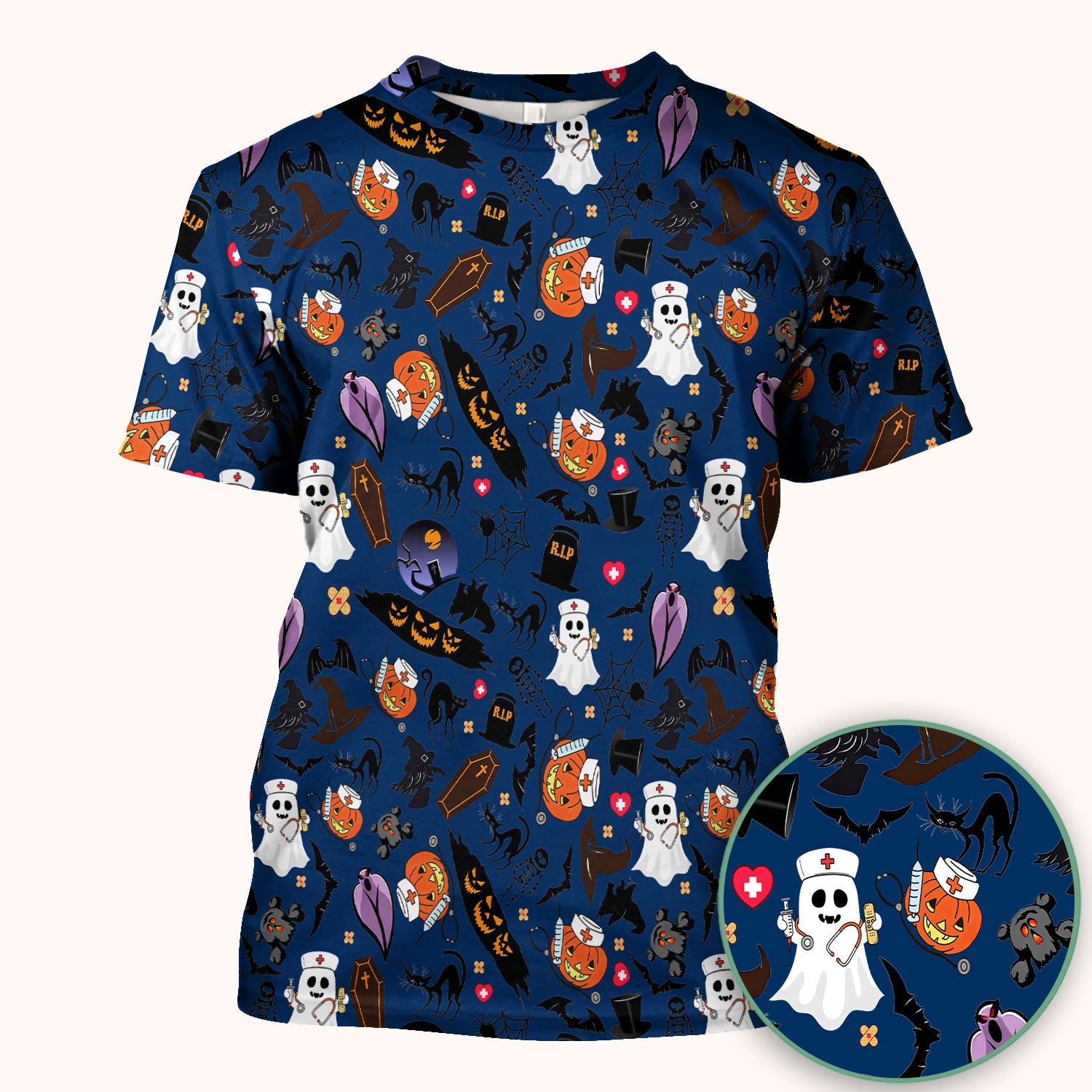 Spooky Halloween Scrub Top - Pumpkin Ghost Bat Nurse Shirt - Wicked Witch Medical Uniform for Women RN CNA LPN