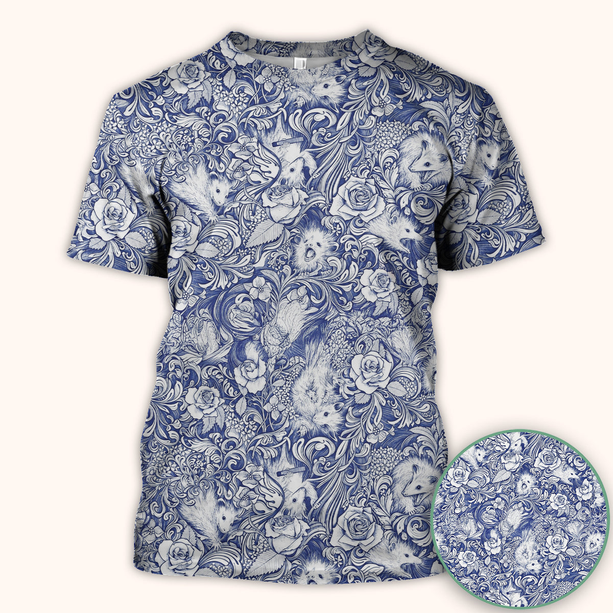 Blue Floral Opossum and Roses Scrub Top, Comfortable Scrubs for Nurses