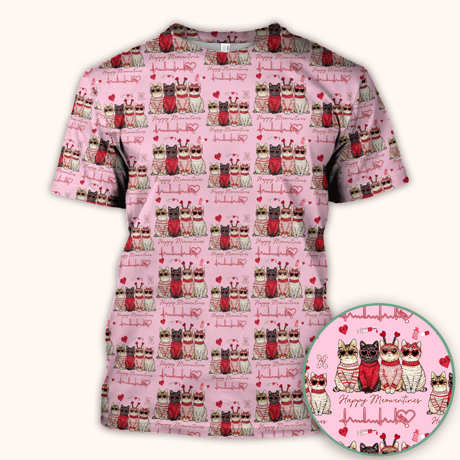 Happy Meowtines Cat Pattern Scrub Top, Valentine Cat Lover Nurse Scrub Shirt, Heartbeat Medical Pattern Nursing Uniform