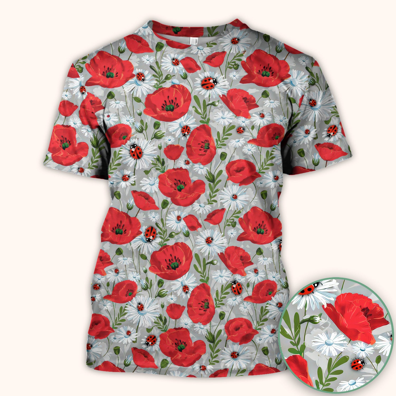 Cute Red Poppy Daisy Ladybug Floral Print Scrub Top, Comfortable Scrubs for Nurses