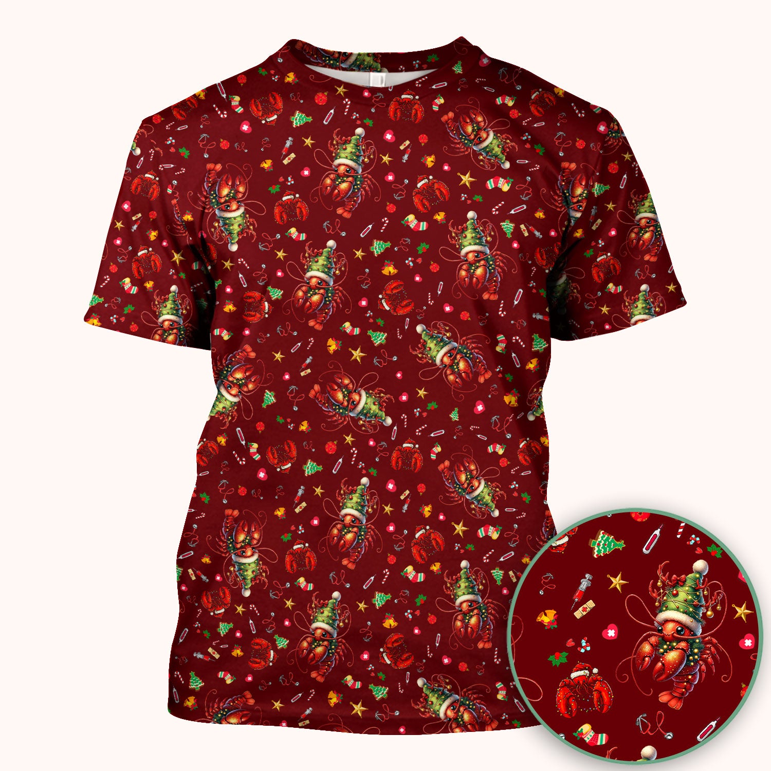 Whimsical Crawfish Christmas Scrub Top – Southern Christmas Cajun Holiday Crawfish Pattern – Cute Medical Uniform for Nurses, Vets And Healthcare Workers