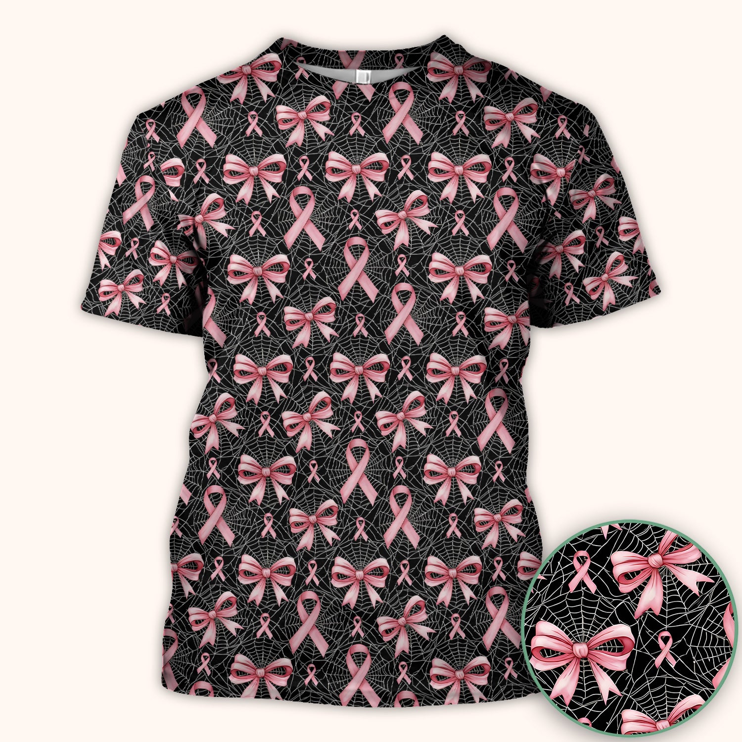 Pink Ribbon Pattern Scrub Top, Comfortable Scrubs for Nurses