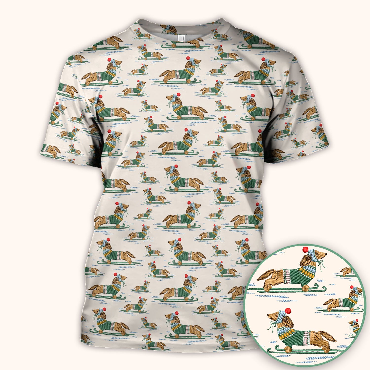 Dachshund Nurse Scrub Top, Wiener Dog Winter Pattern Shirt, Breathable Fabrics Nursing Uniform