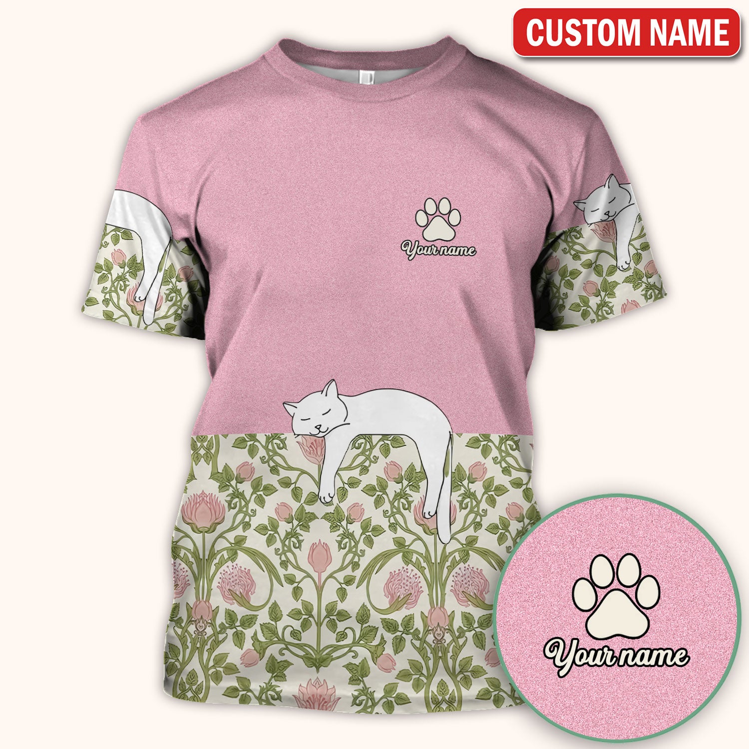 Personalized Cat Nurse Scrub Top, Custom Name Floral Scrub Shirt For Women, Breathable Fabrics Nursing Uniform