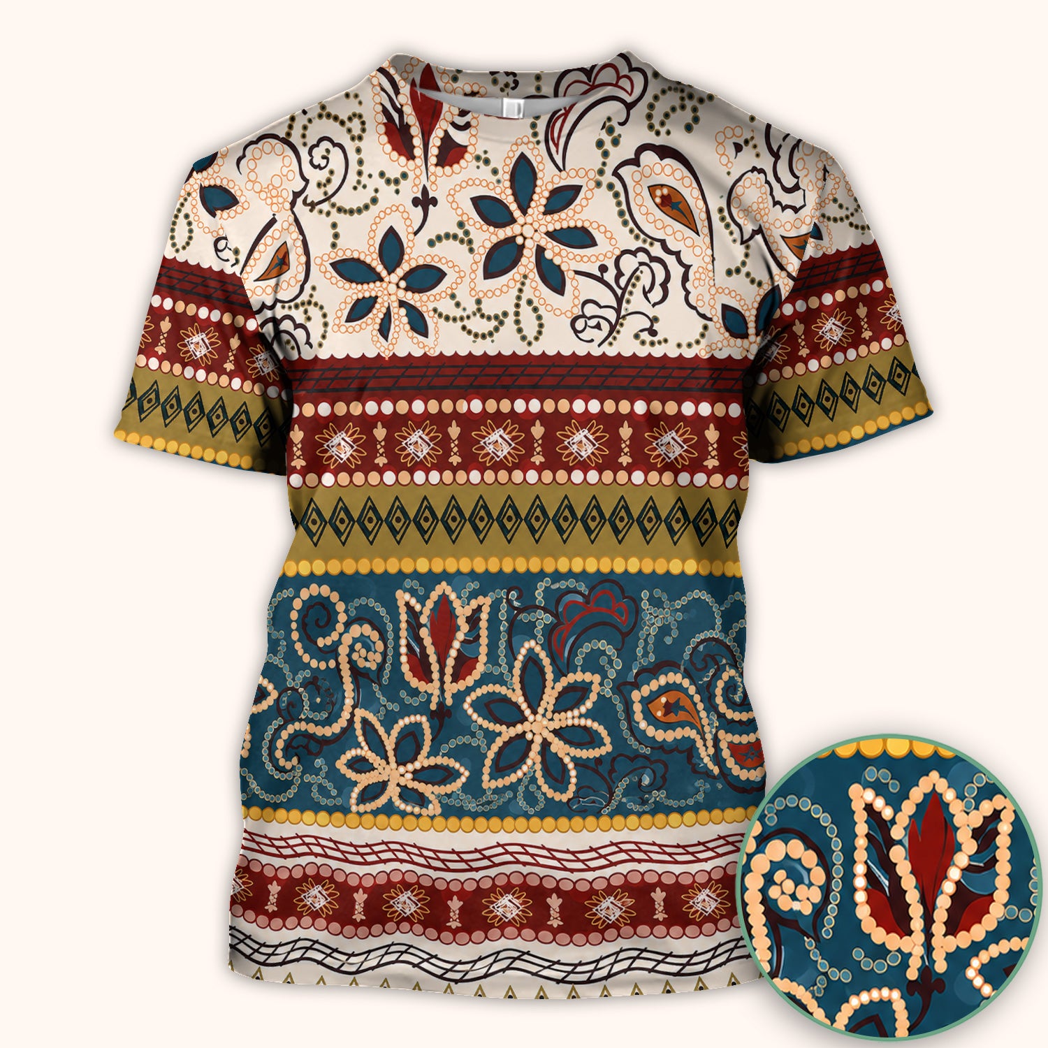 Boho Paisley Floral Stripe Pattern Scrub Top, Comfortable Scrubs for Nurses