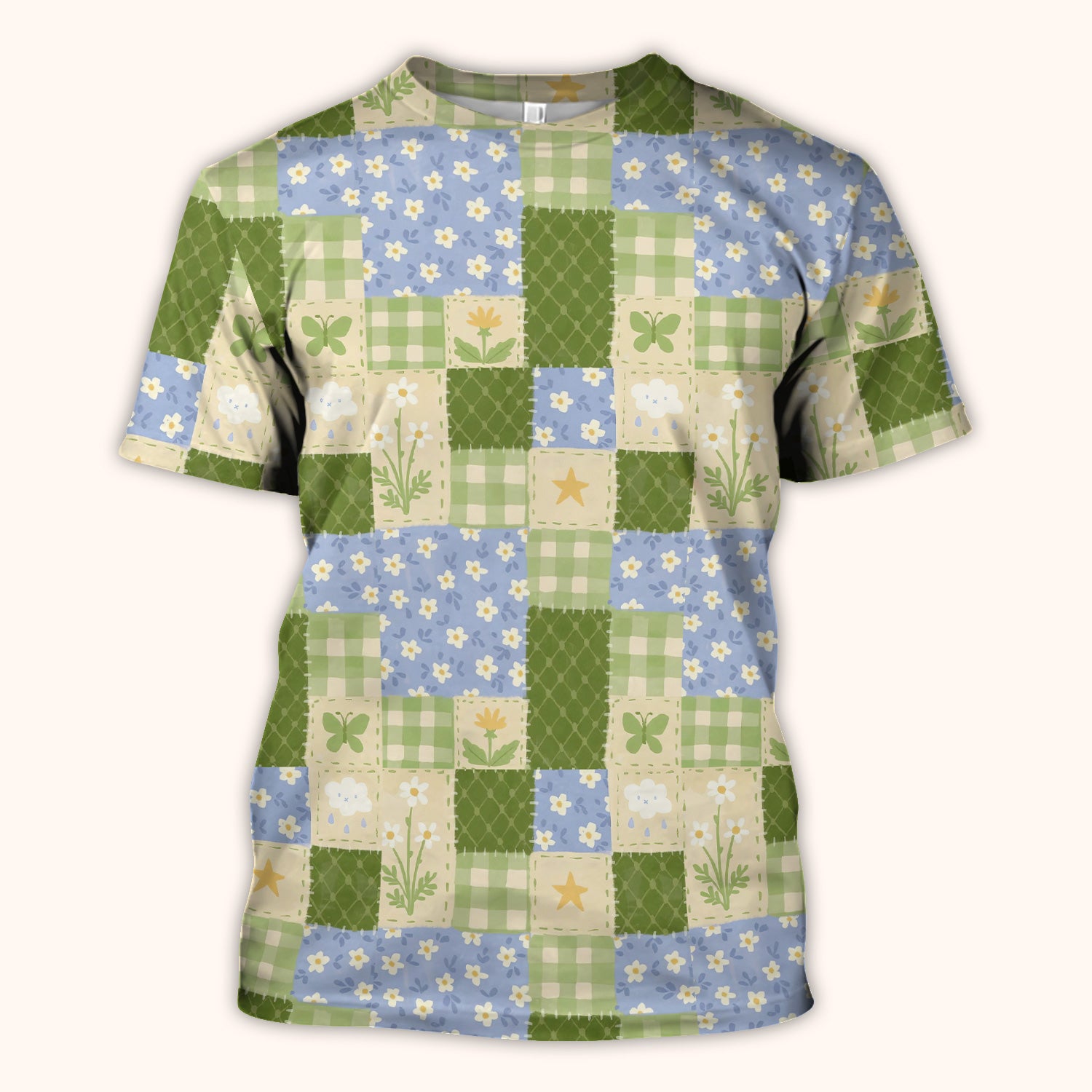 Green Patchwork Clover Floral Pattern Scrub Top, Comfortable Scrubs For Nurses