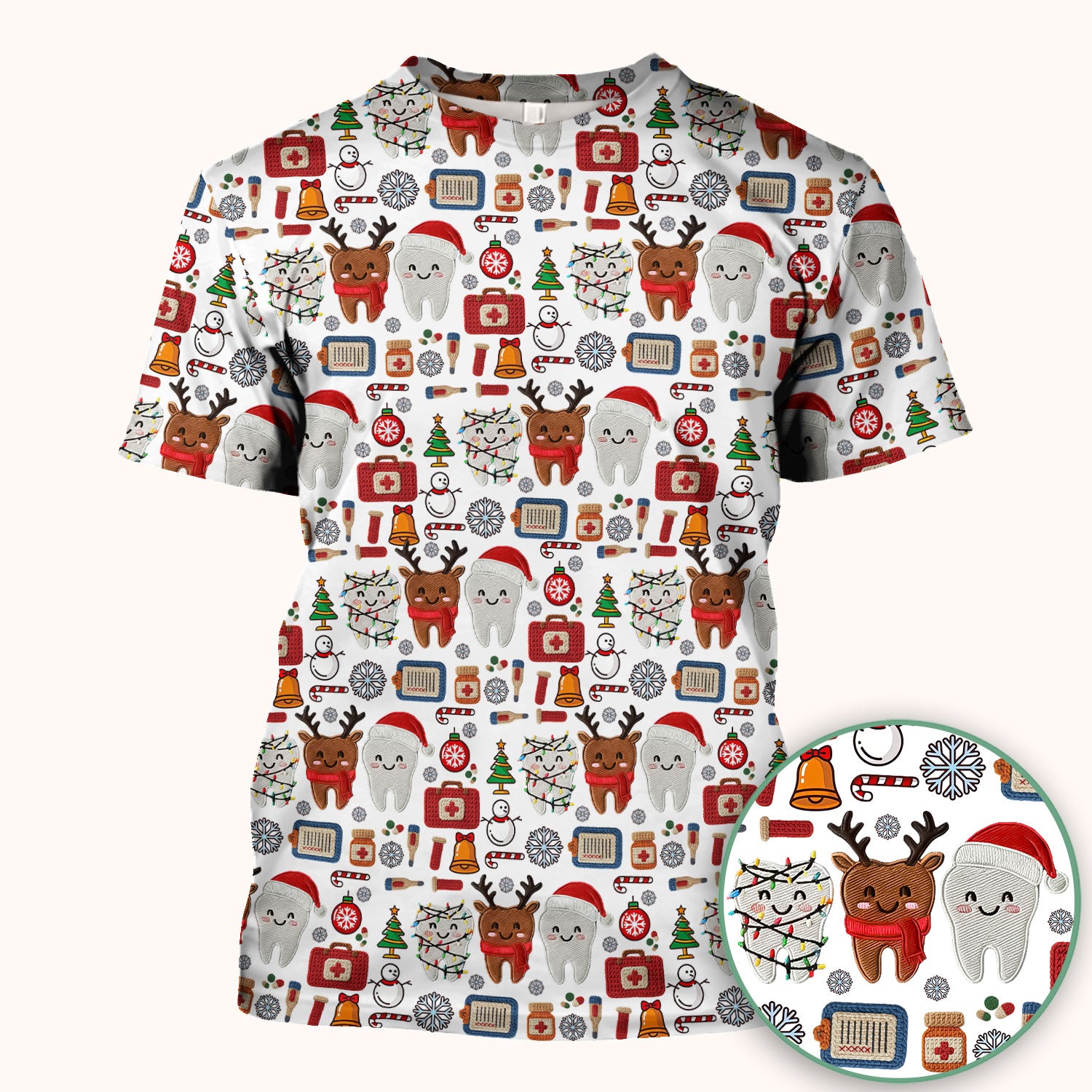 Christmas Dental Scrub Top - Cute Santa & Reindeer Tooth Shirt - Funny Holiday Medical Uniform for Dentists, Hygienists & Nurses