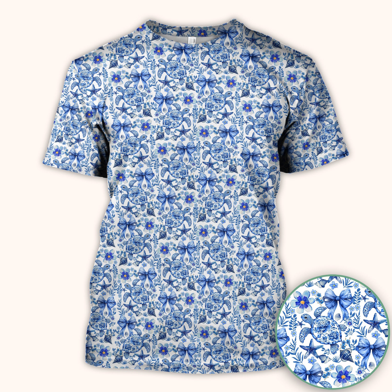 Cute Coastal Turtle Bow Pattern Scrub Top, Comfortable Scrubs for Nurses