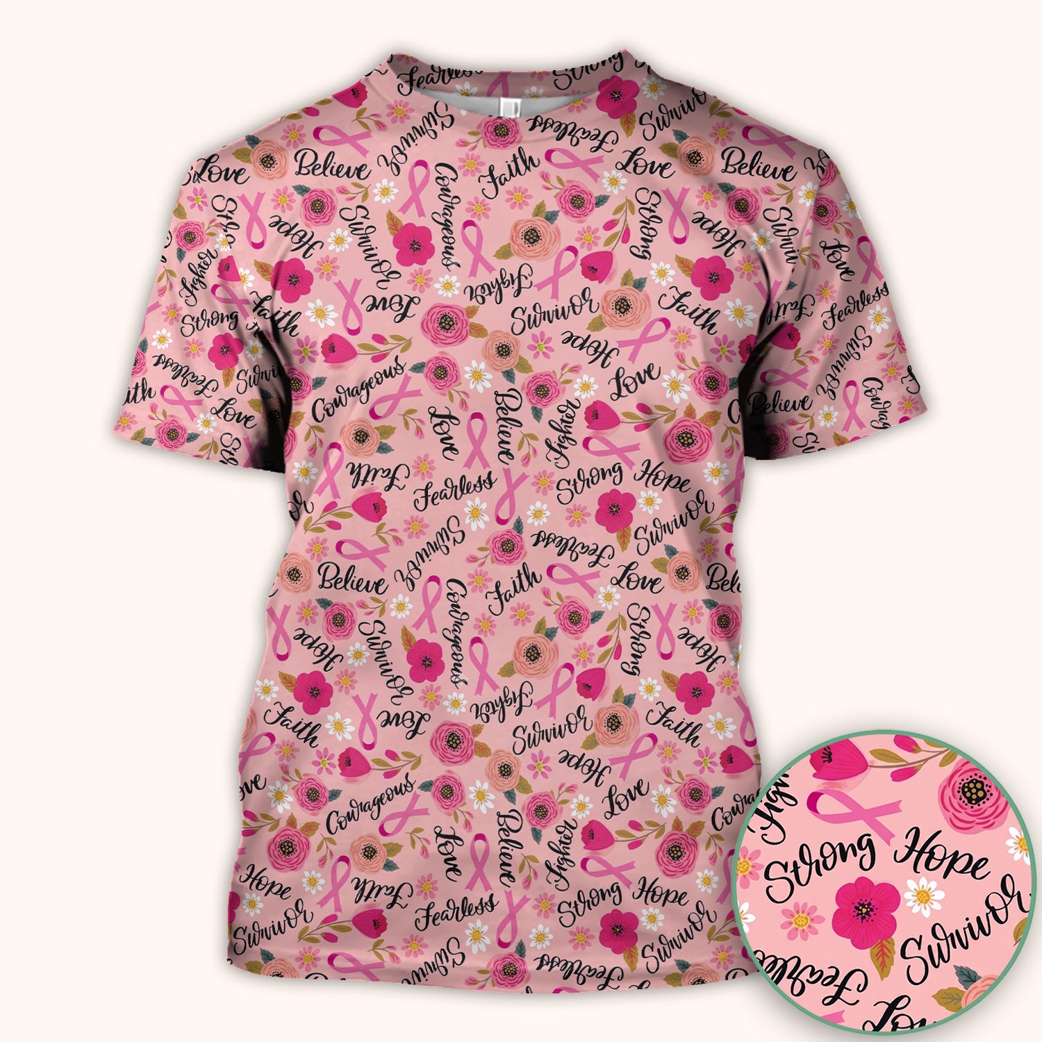 Breast Cancer Awareness Oncology with Pink Ribbon Floral Pattern Scrub Top, Comfortable Scrubs for Nurses