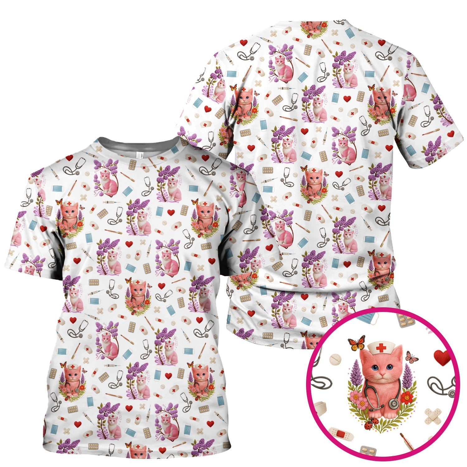 Pink Cat Print Medical Scrub Top - Cute Nurse Shirt for Women - Funny Pattern Gift for RN LPN CNA Healthcare Workers