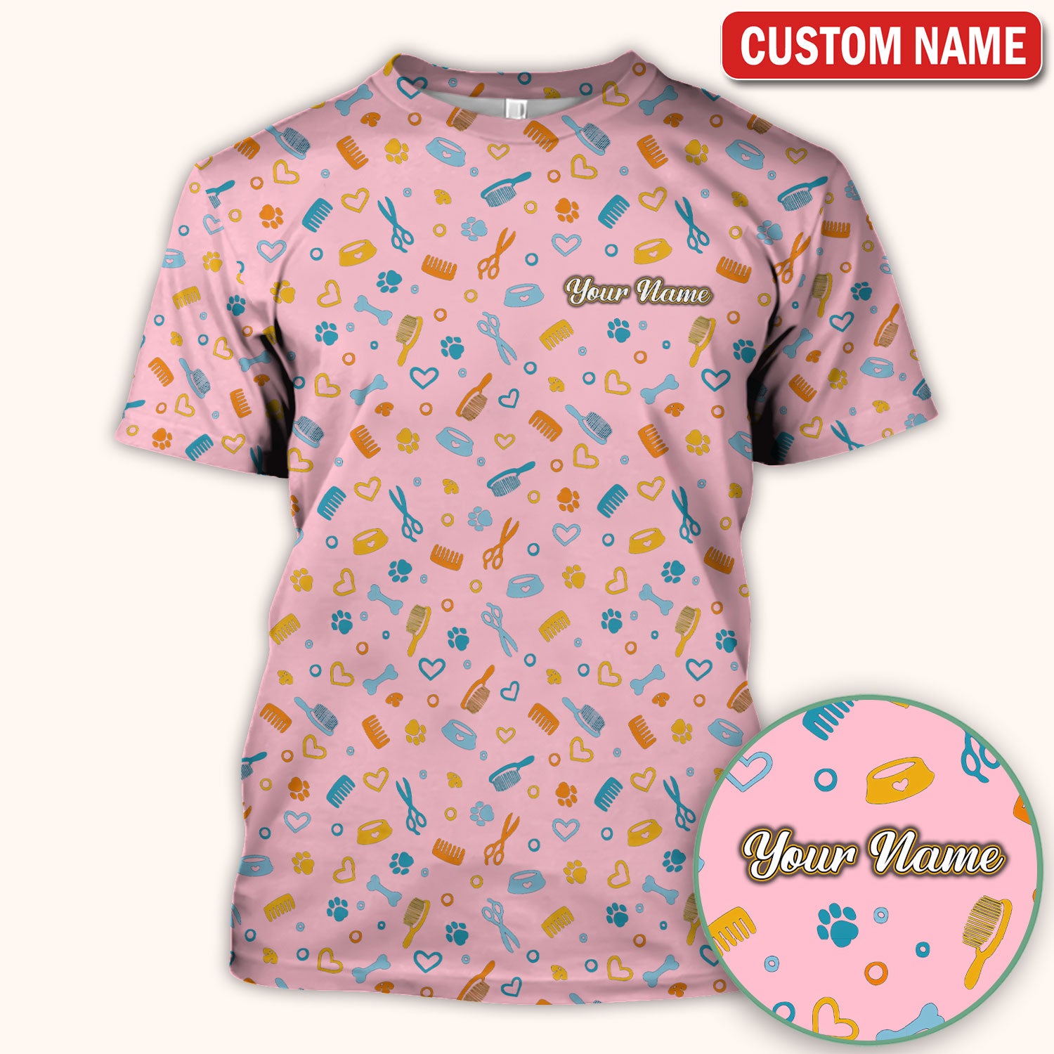 Custom Name Dog Cat Grooming Pattern Scrub Top, Breathable Fabrics Nursing Uniform