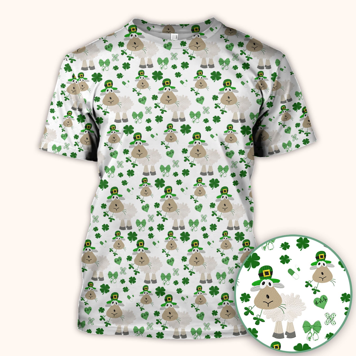 Nurse St. Patrick Scrubs Top, Cute Sheep Shamrock Pattern Nurse Shirt, Breathable Fabrics Nursing Uniform