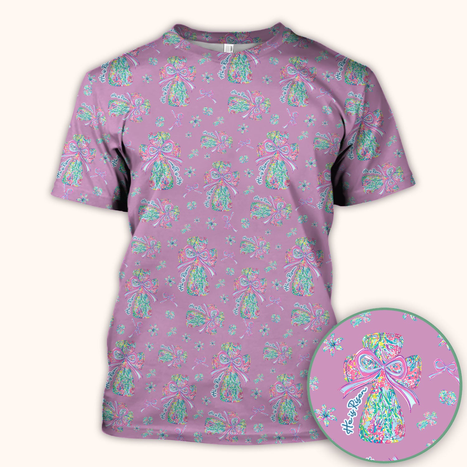 Colorful Bow Pattern Scrub Top, Breathable Fabrics Nursing Uniform