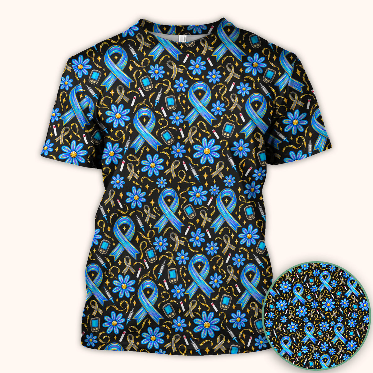 Diabetes Awareness Ribbon Pattern Scrub Top, Comfortable Scrubs for Nurses
