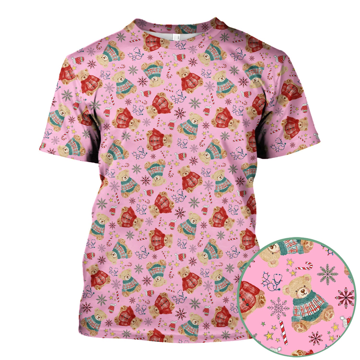 Christmas Bear Scrub Top - Cute Holiday Teddy Print Scrubs for Nurses - Funny Xmas Medical Scrub Shirt Gift for Women CNA RN