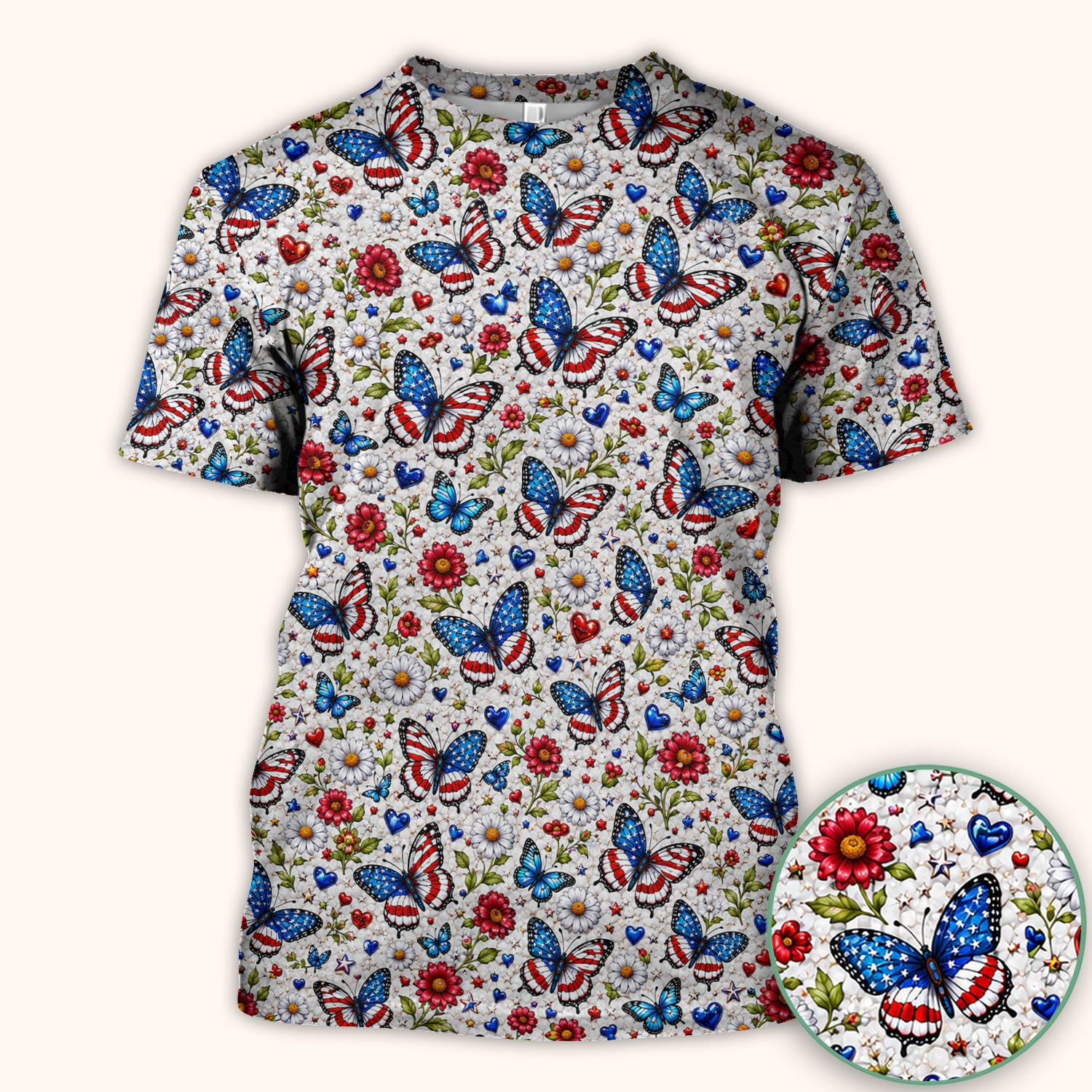 Patriotic Butterfly Daisy Heart Pattern Scrub Top, Comfortable Scrubs for Nurses