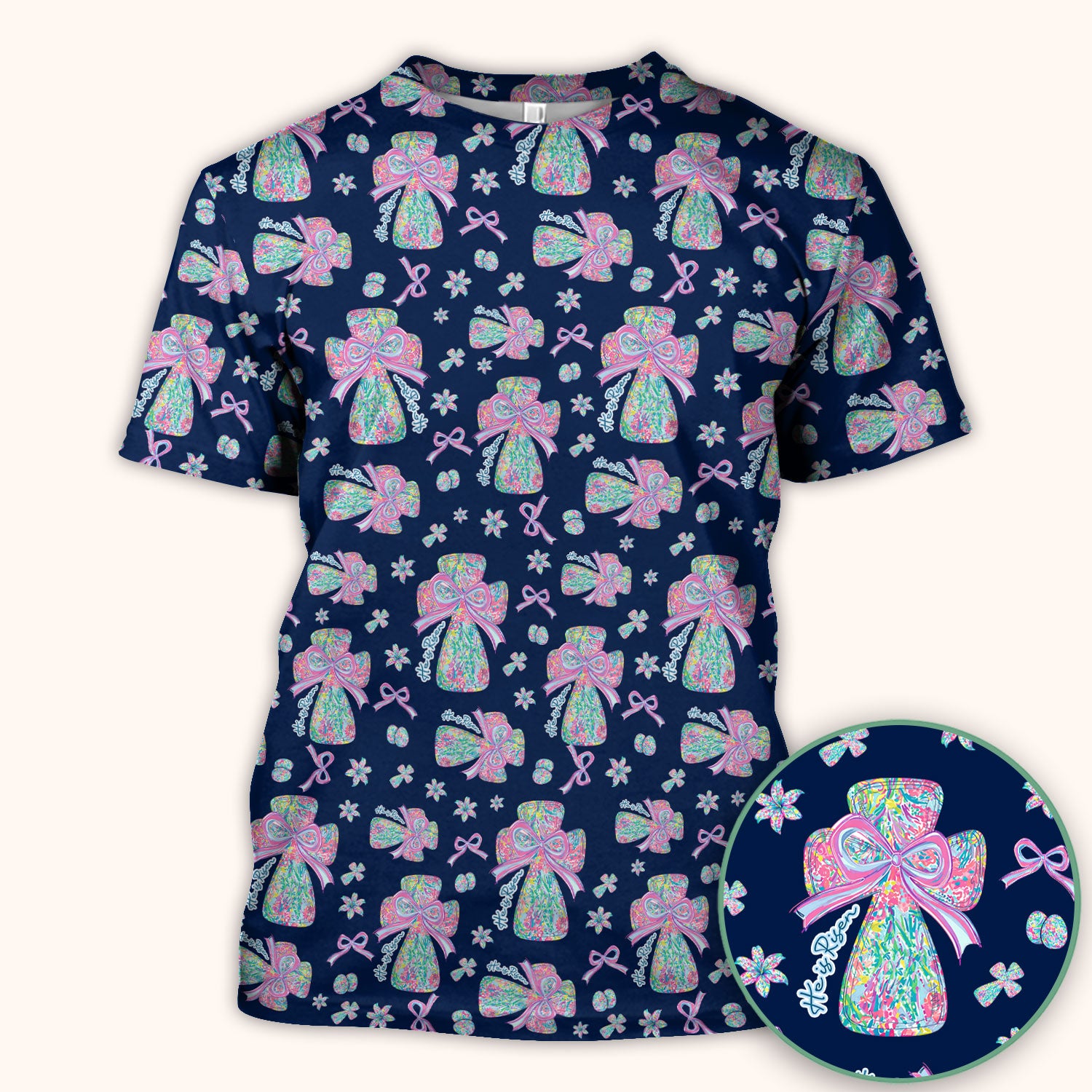 Colorful Bow Pattern Scrub Top, Breathable Fabrics Nursing Uniform