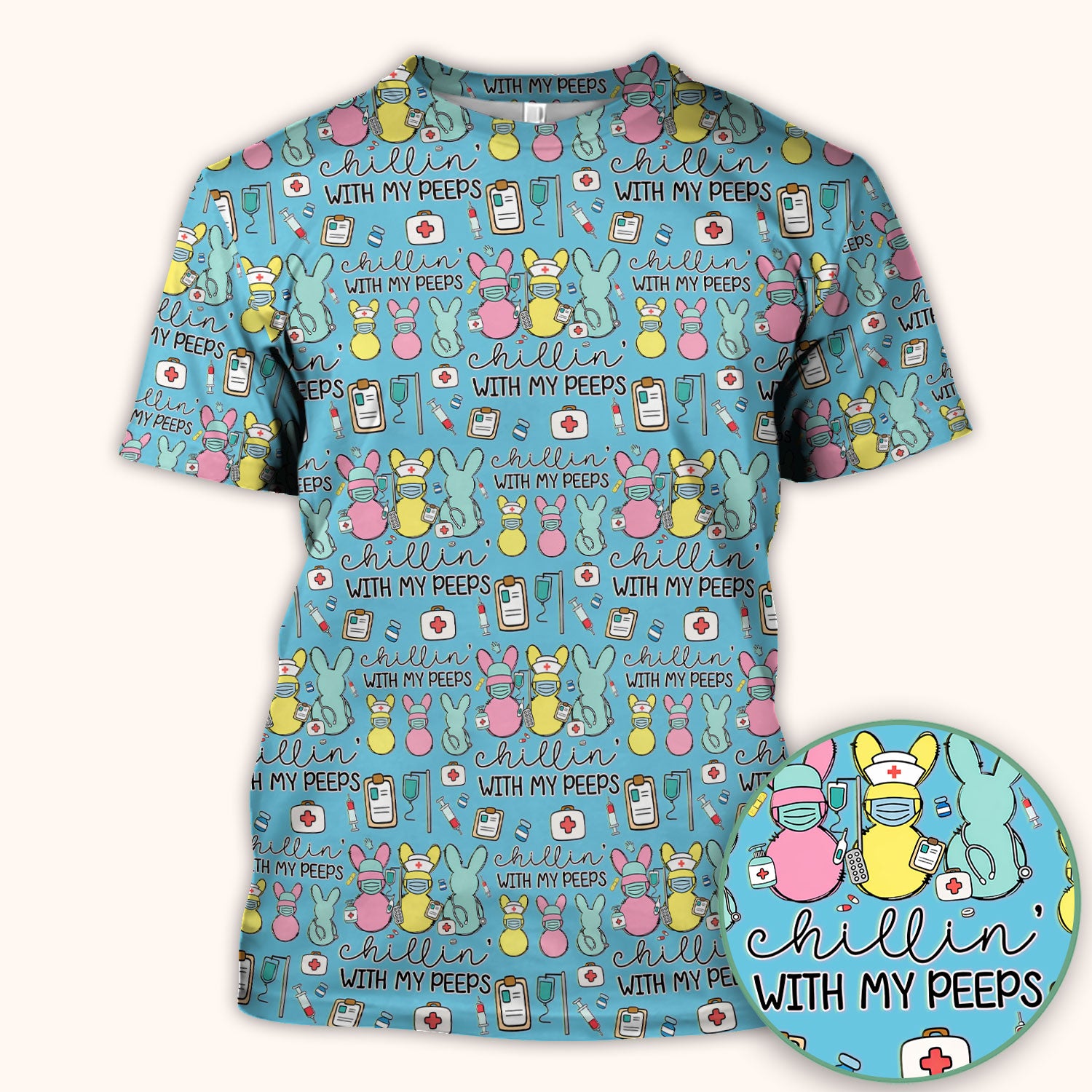 Cute Bunny Nurse Chillin With My Peeps Scrub Top, Comfortable Scrubs for Nurses, Easter
