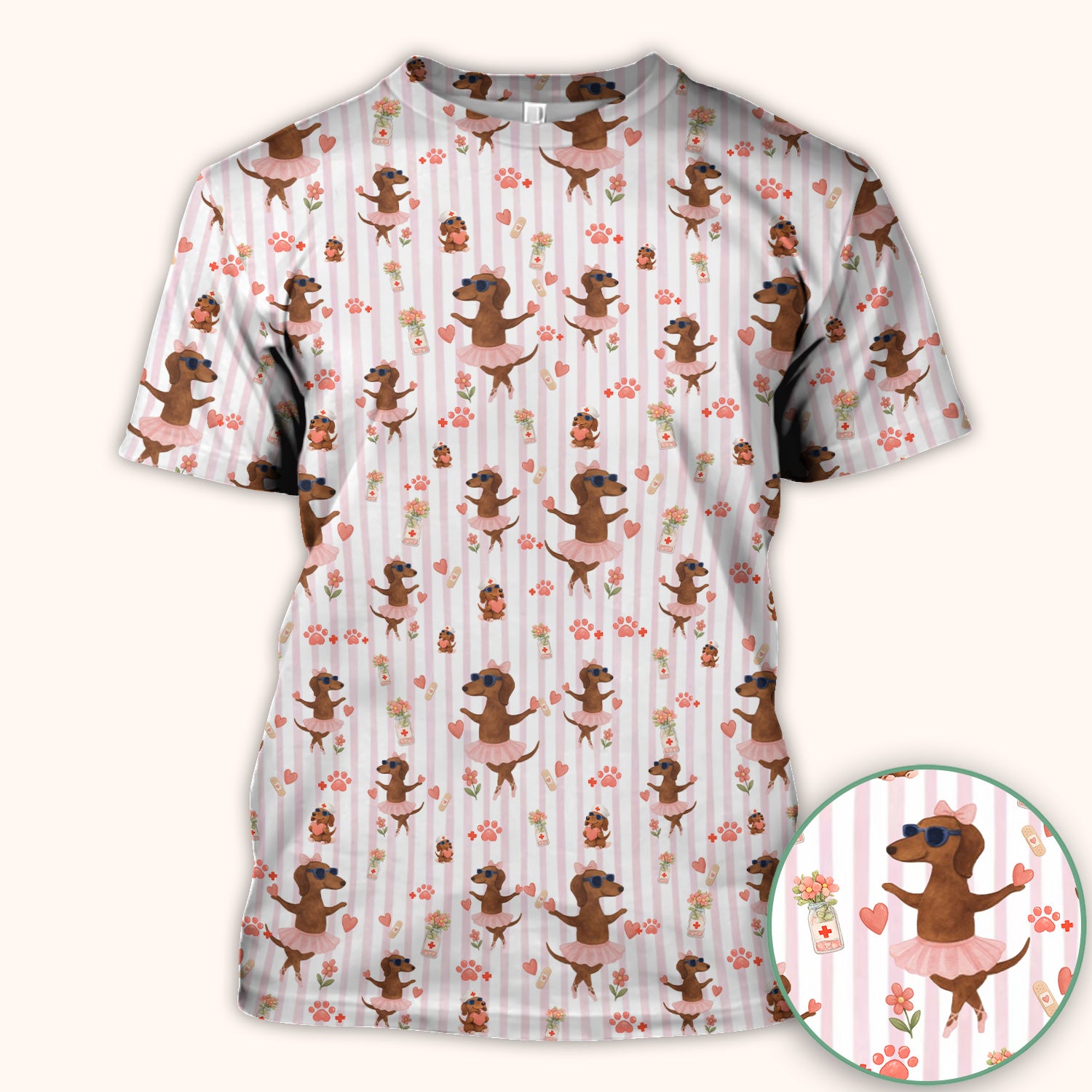 Cute Dachshund Dog Ballet Tutu Hearts Pattern Scrub Top, Comfortable Scrubs for Nurses