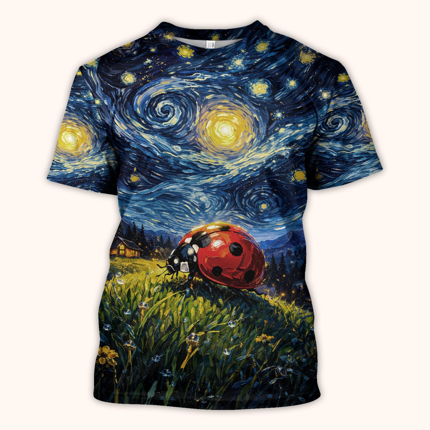 Swirl Night Sky Ladybug Landscape Art Print Scrub Top, Artistic Nature Nursing Uniform for Women