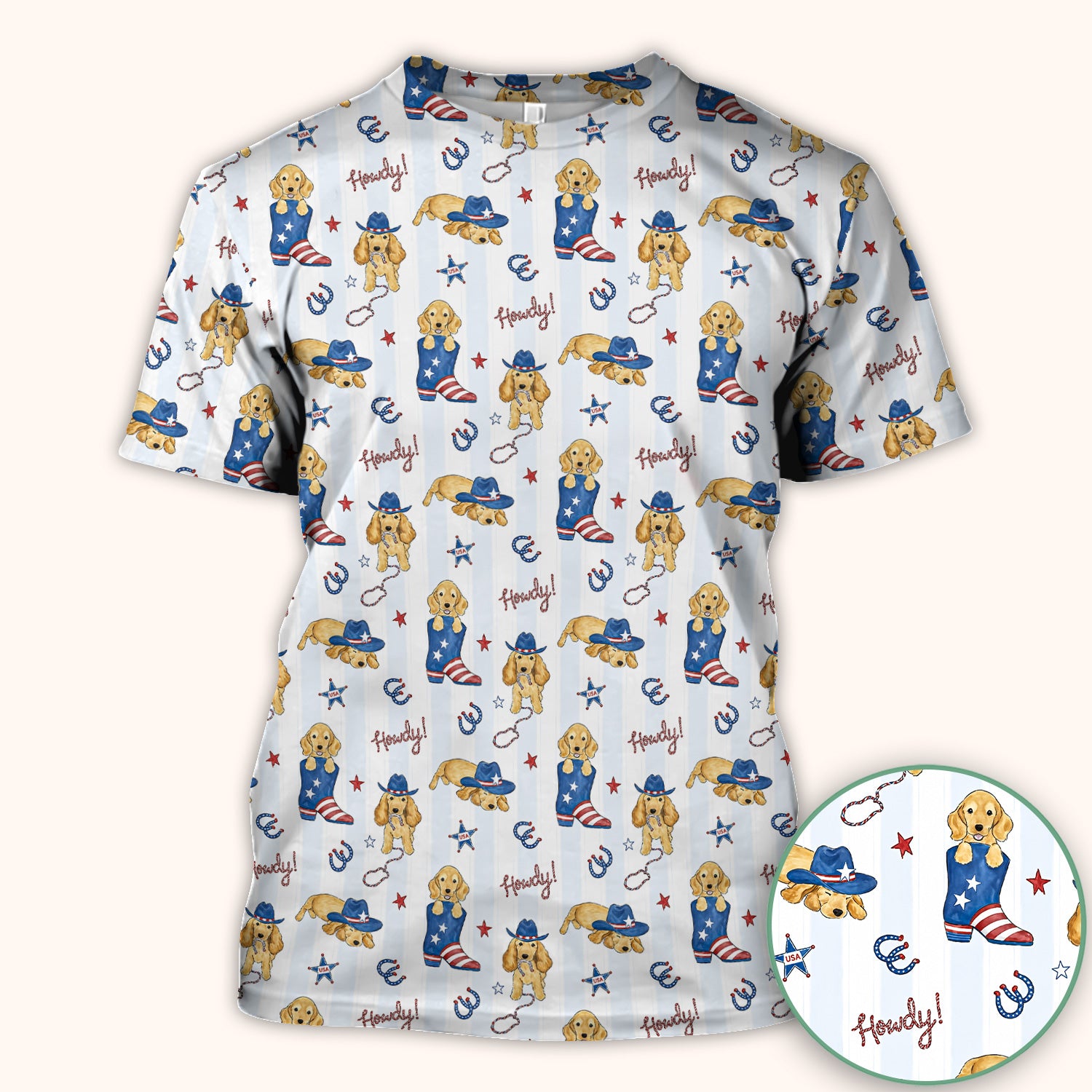 Patriotic Howdy Golden Dog Western Pattern Scrub Top, Comfortable Scrubs for Nurses
