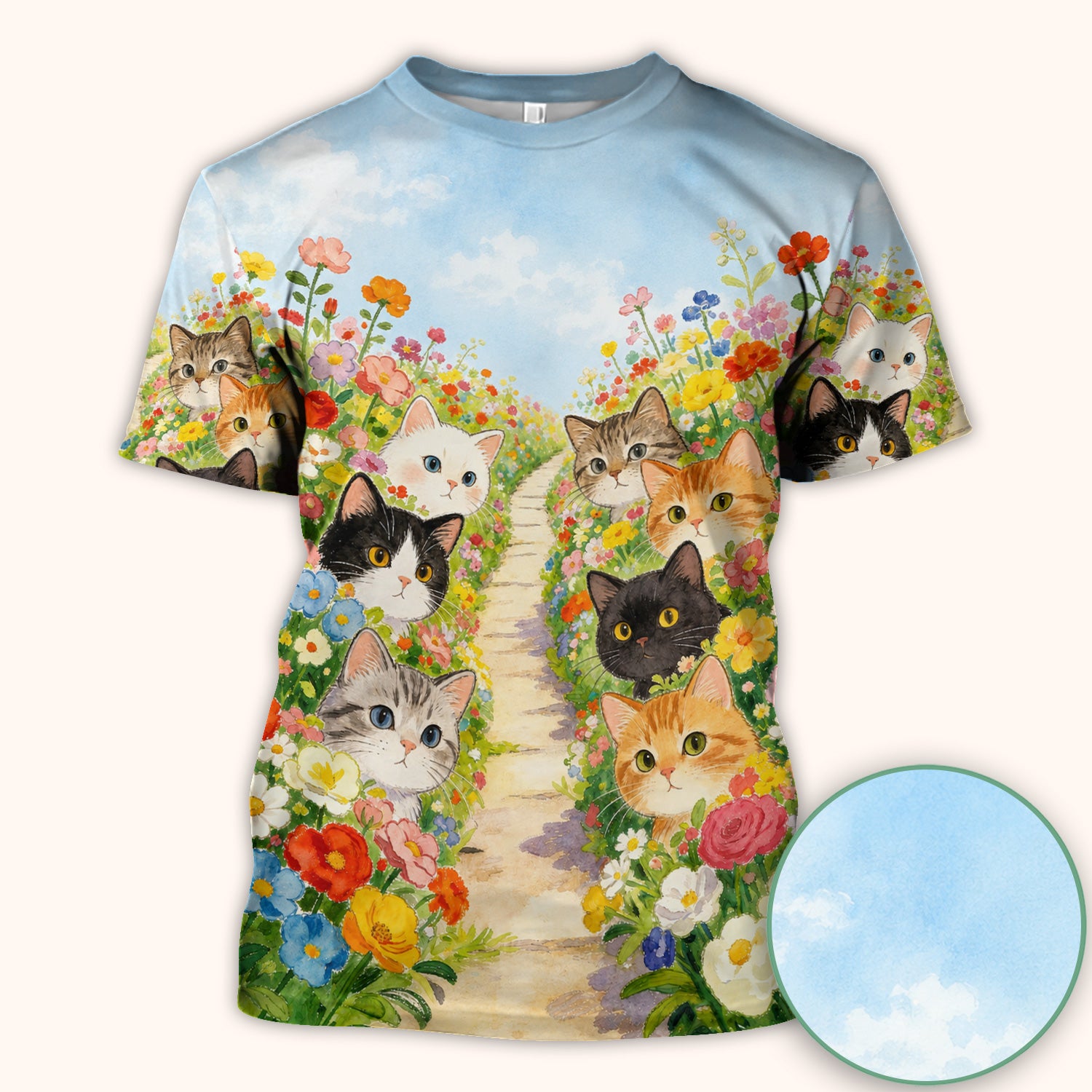 Cute Garden Cats Flower Path Pattern Scrub Top, Comfortable Scrubs for Nurses