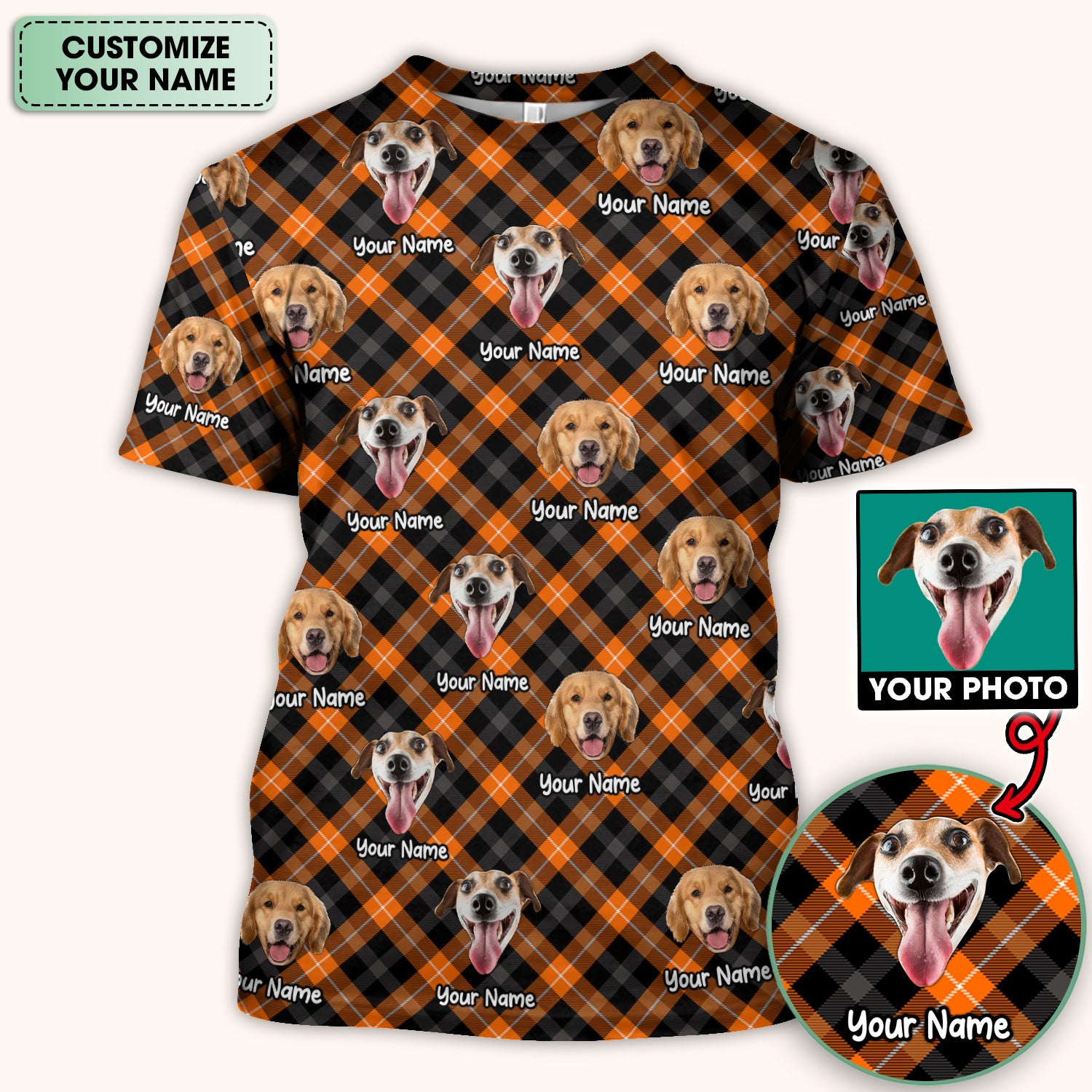 Personalized Halloween Dog Photo Plaid Scrub Top, Comfortable Scrubs for Nurses