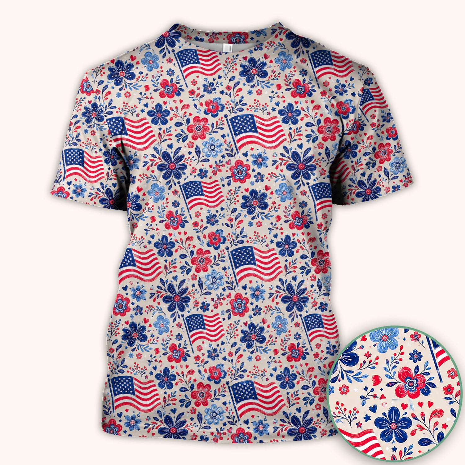 Patriotic Flag Floral Nurse Scrub Top for RN, CNA, Fourth Of July Uniform