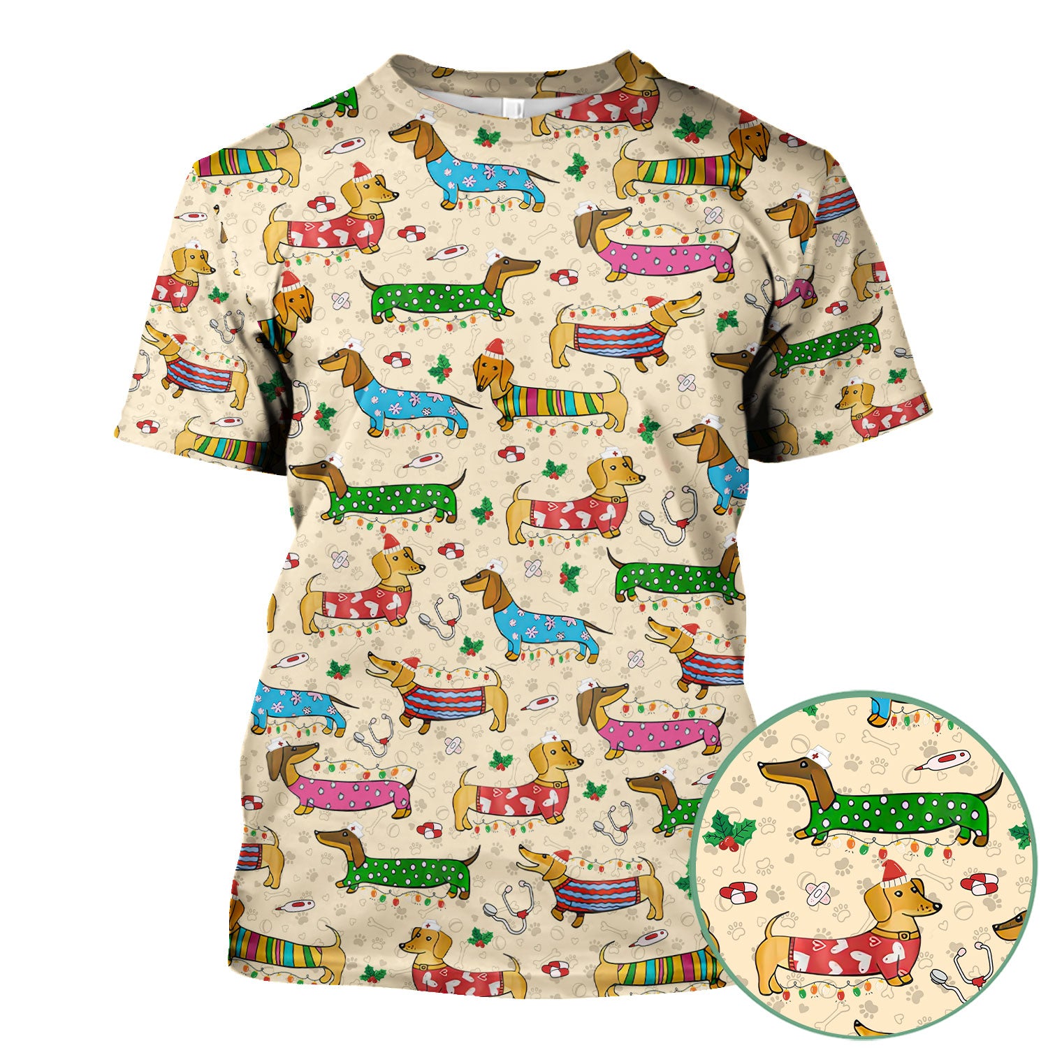 Christmas Dachshund Nurse Scrub Top - Cute Wiener Dog in Holiday Outfit - Funny Medical Shirt Gift for Women RN LPN CNA