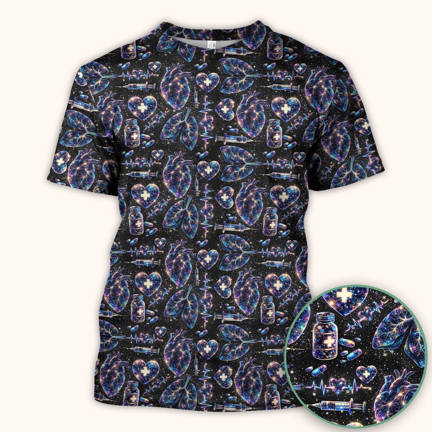 Galaxy Anatomical Heart Lung Syringe Print Scrub Top, Breathable Fabrics Nursing Uniform