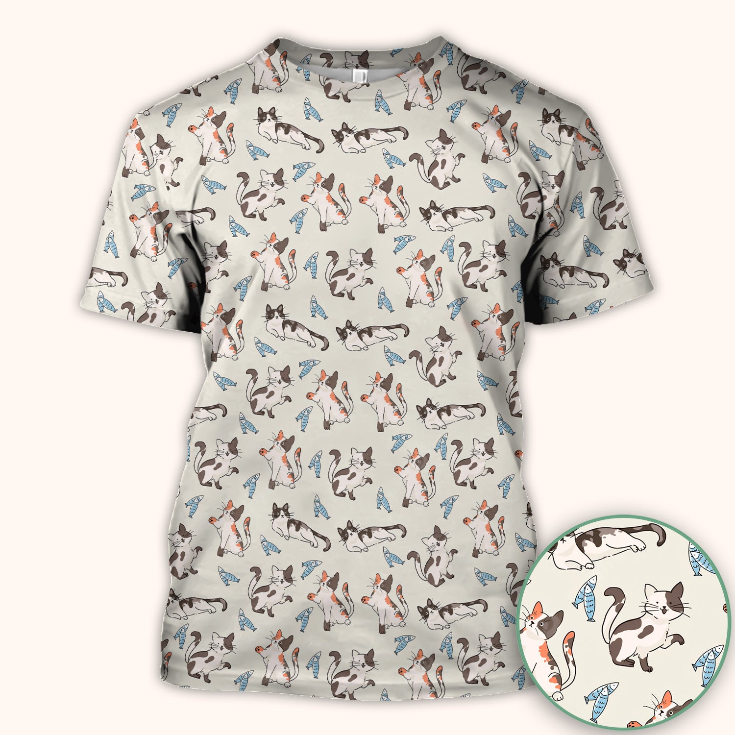 Cute Playful Cats With Fish Pattern Nurse Scrub Top, Comfortable Scrubs for Nurses