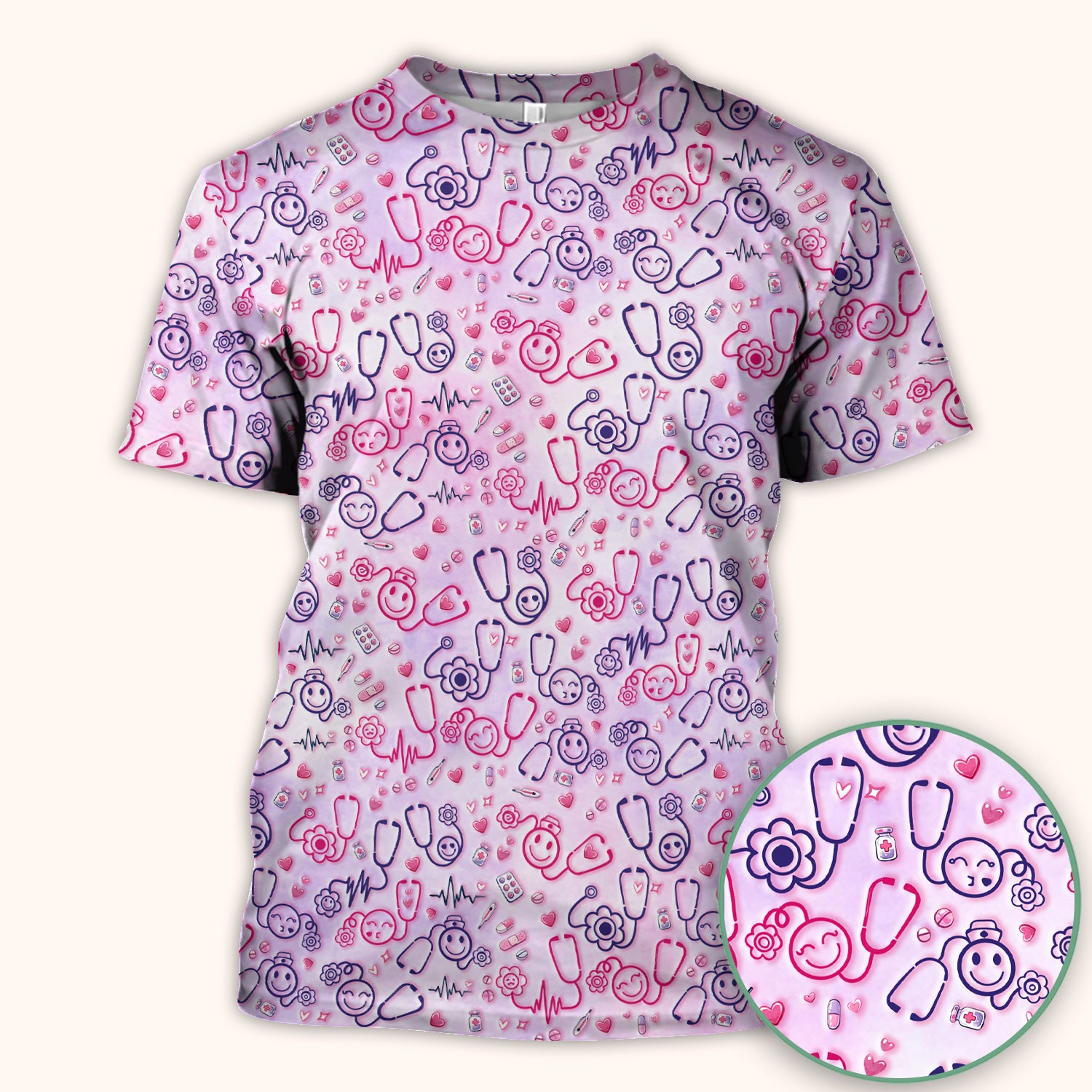 Stethoscope Heart Cute Icon Print Scrub Top, Breathable Fabrics Nursing Uniform