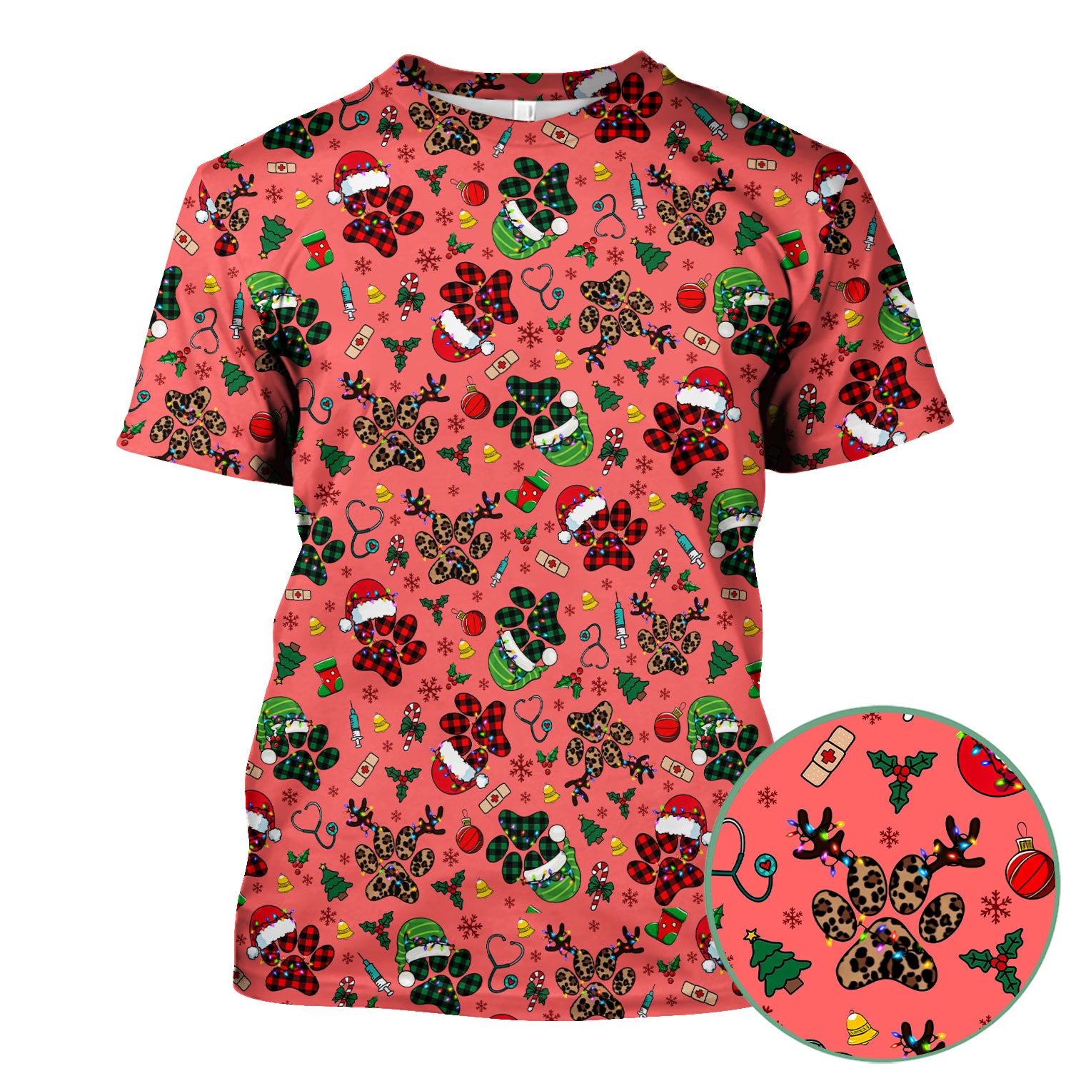 Christmas Paw Print Scrub Top for Nurses - Cute Leopard Holiday Pattern - Funny Festive Medical Uniform Gift