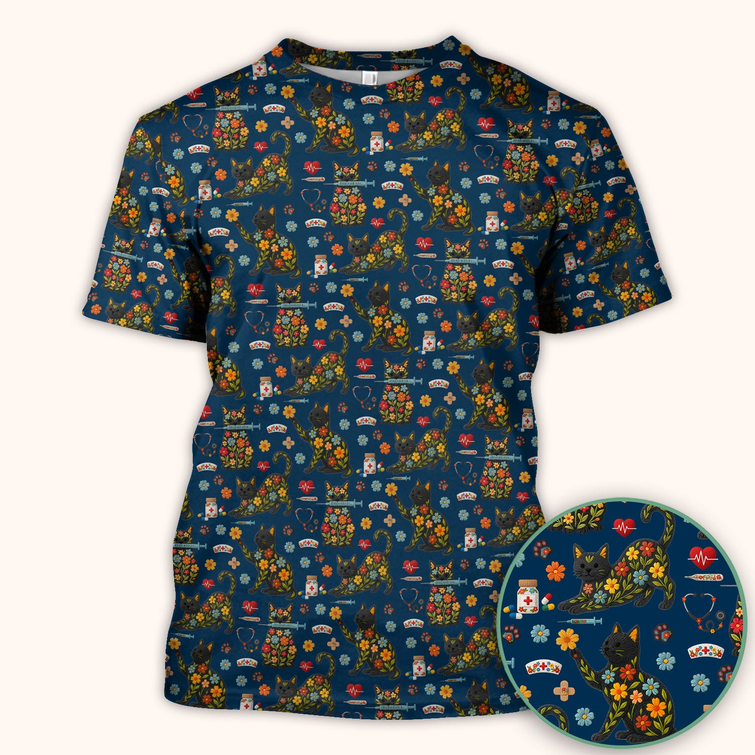Floral Black Cat Pattern Scrub Top, Cute Cat Nurse Scrub Shirt, Medical Nursing Uniform