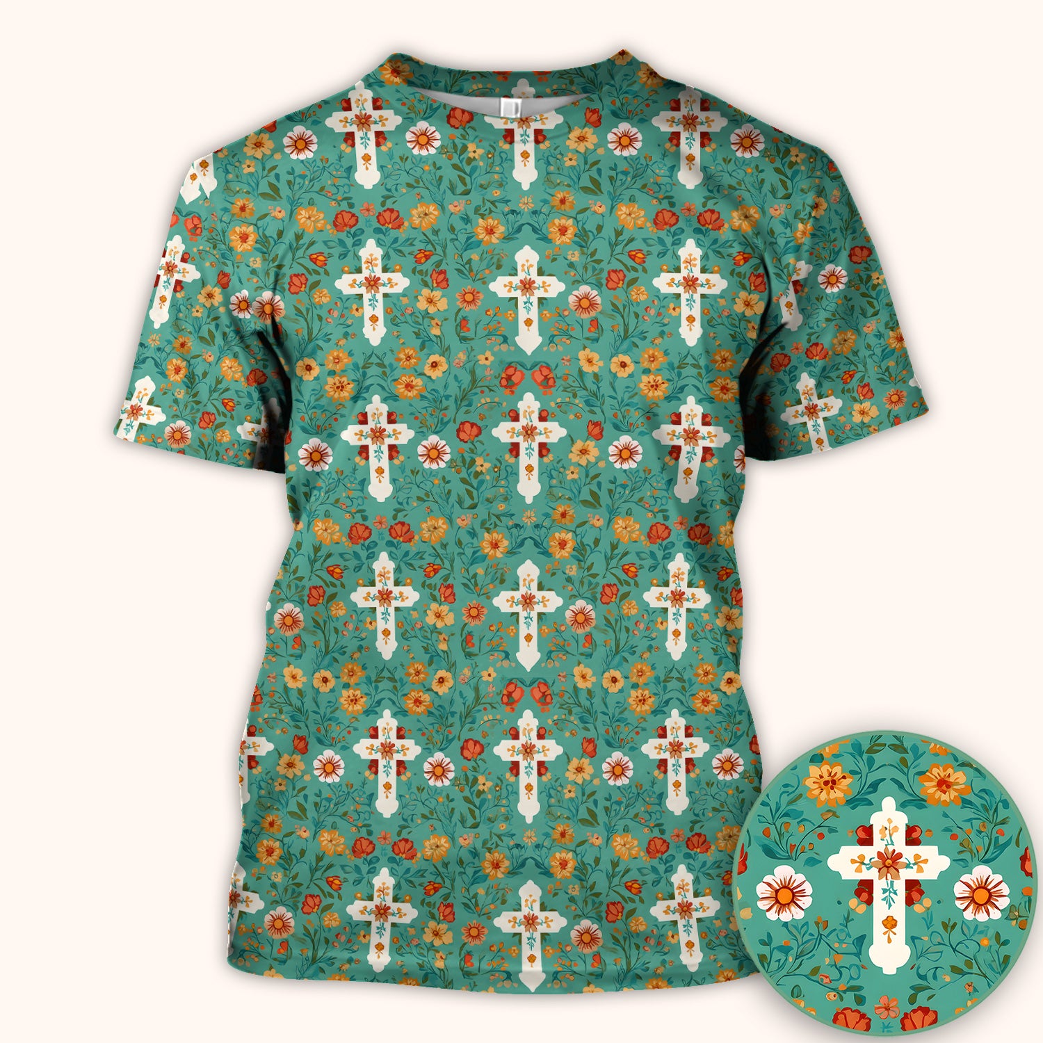 Christian Faith Floral Cross Pattern Scrub Top, Comfortable Scrubs for Nurses