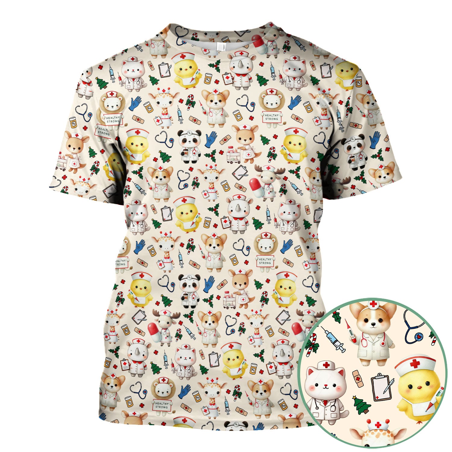 Comfortable Scrubs for Nurses - Pediatric Scrub Tops - Breathable Fabrics Nursing Uniform - Adorable Puppy Cat Bear Print