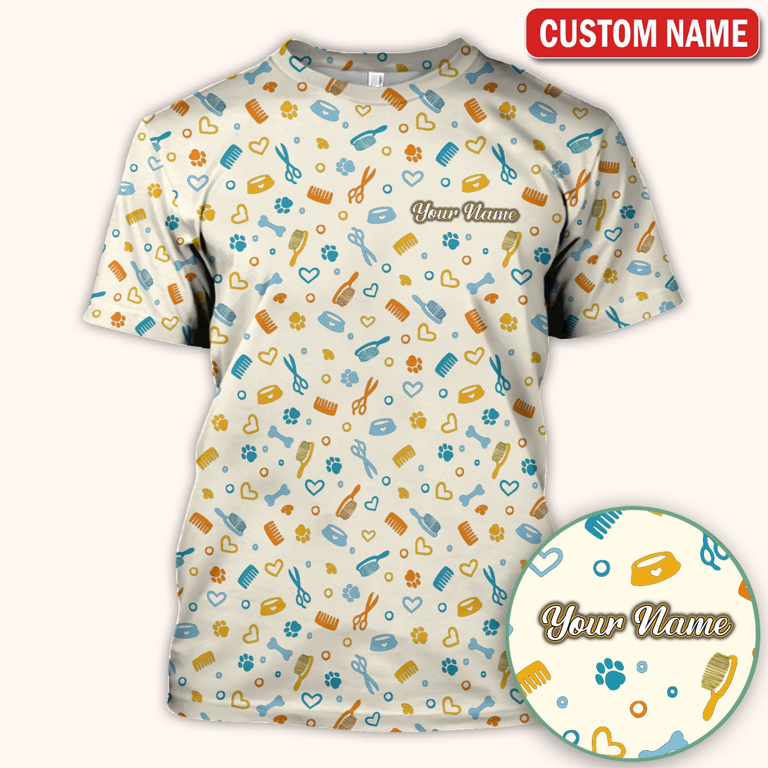 Custom Name Dog Cat Grooming Pattern Scrub Top, Breathable Fabrics Nursing Uniform