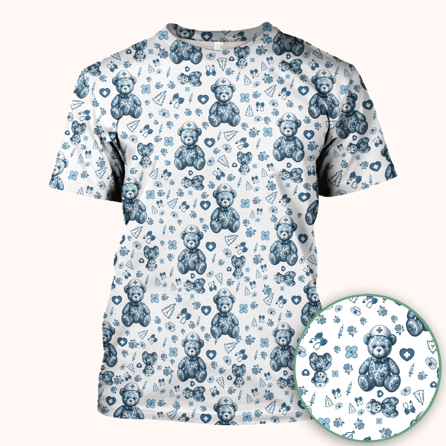 Toile Teddy Bear Nurse Scrub Top - Elegant Blue Toile de Jouy Pattern Medical Shirt for Women - Cute Vintage Nursing Uniform Gift