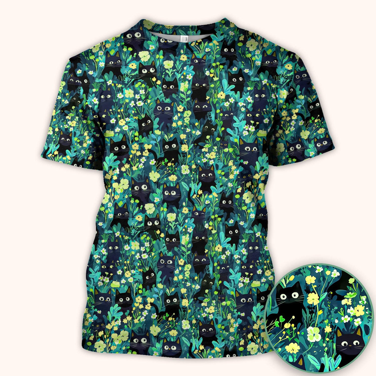 Black Cat Floral Pattern Scrub Top, Comfortable Scrubs for Nurses