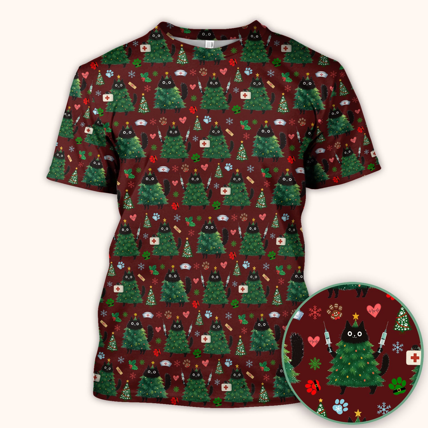 Christmas Nurse Scrub Top, Xmas Black Cat Pattern Nurse Shirt,  Breathable Fabrics Nursing Uniform