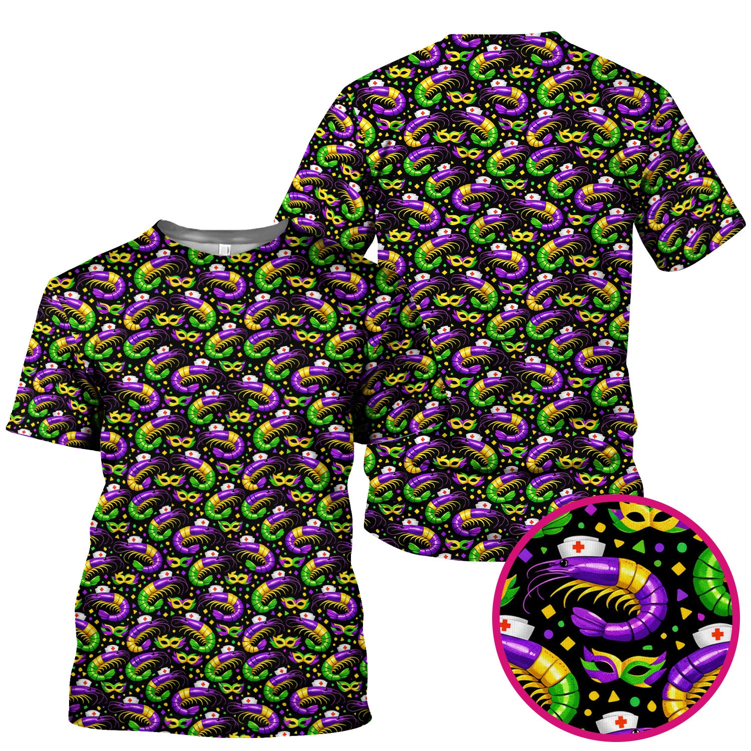 Mardi Gras Pattern Scrub Top, Crawfish Carnival Medical Nurse Scrub Shirt, Breathable Fabrics Nursing Uniform