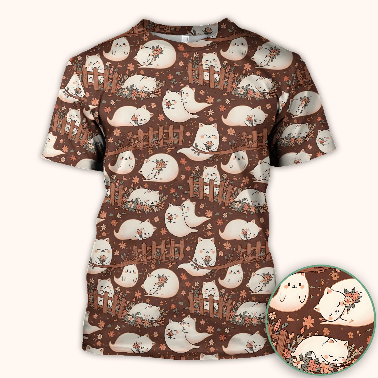 Floral Cat with Garden Fence Print Scrub Top, Comfortable Scrubs for Nurses
