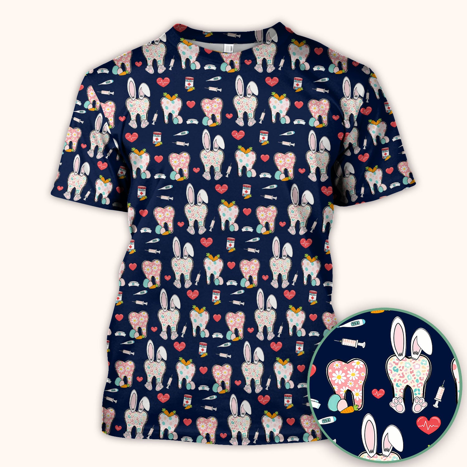 Playful Bunny Dentist Illustration Medical Scrub Top, Comfortable Scrubs for Nurses, Easter