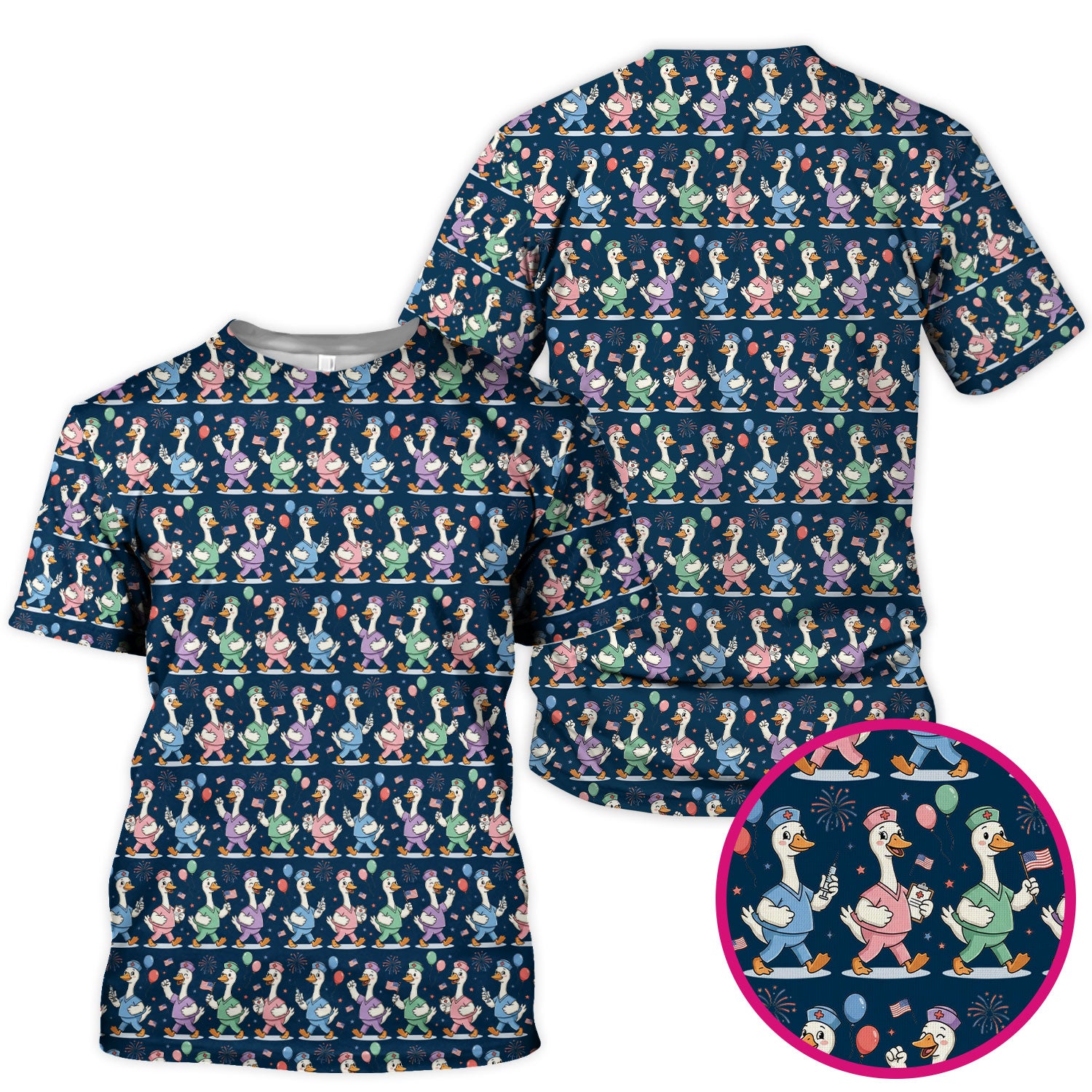 Cute Nurse Ducks Balloons Pattern Scrubs Top, Breathable Fabrics Nursing Uniform
