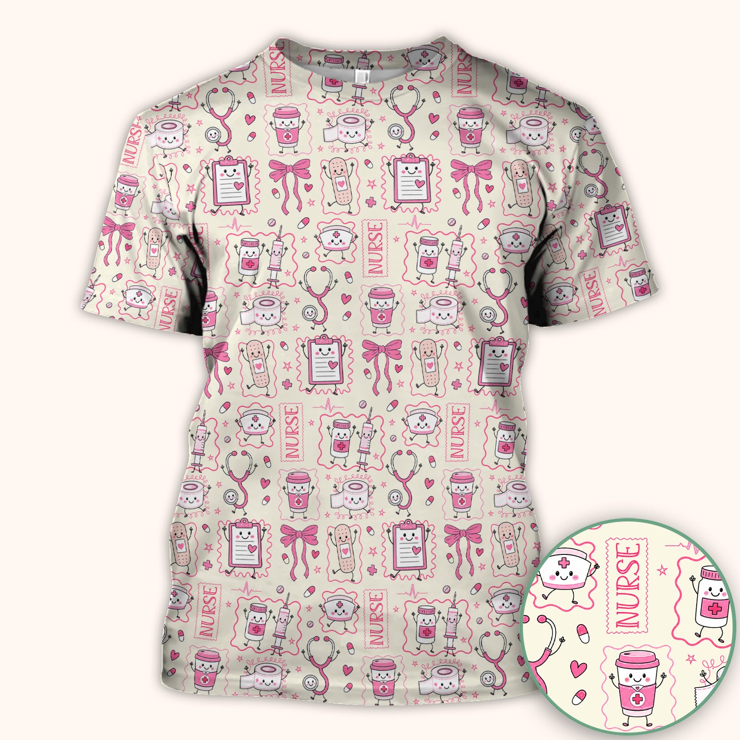 Cute Nurse Doodle with Bandage & Coffee Icons Scrub Top, Comfortable Scrubs for Nurses