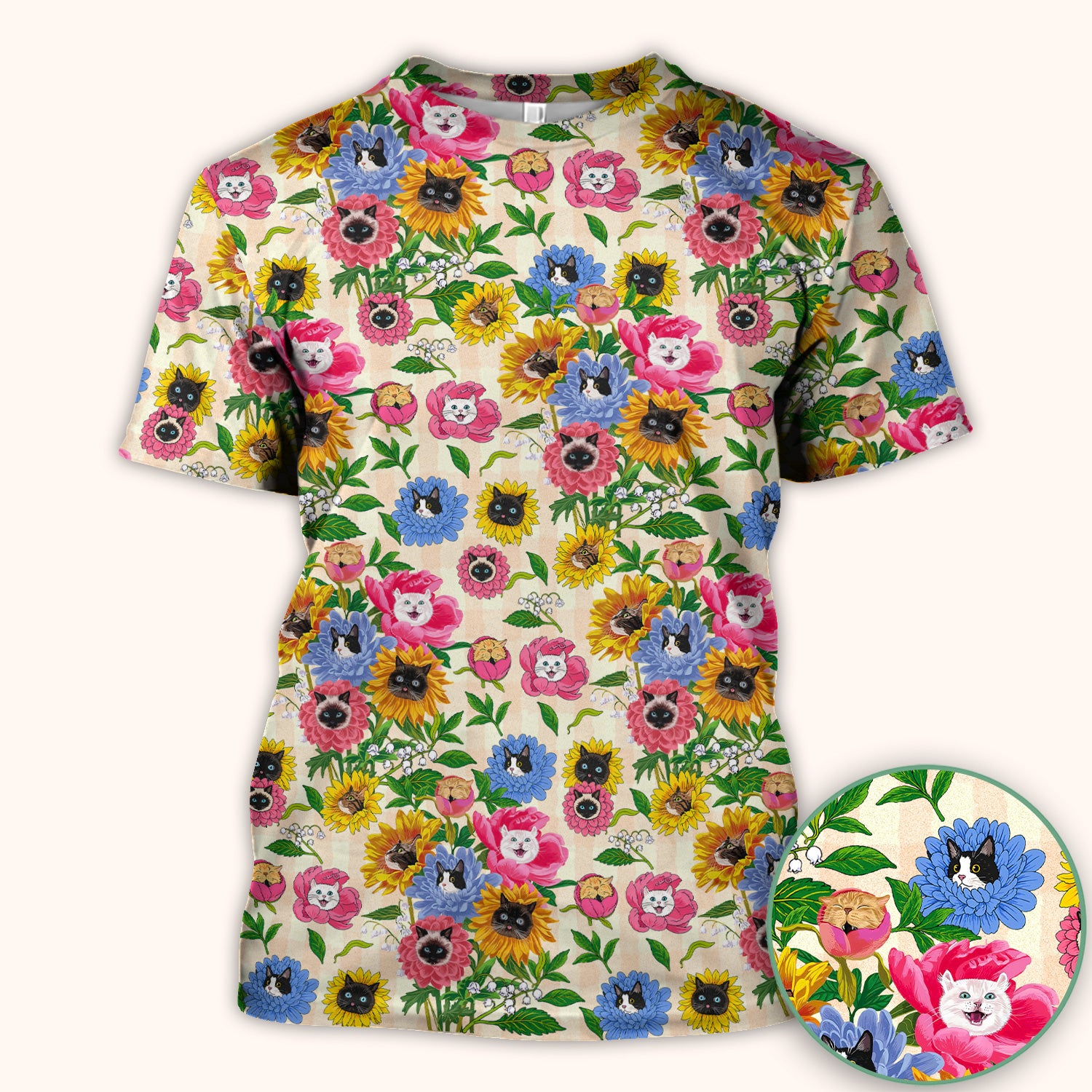 Cat Face Hidden In Colorful Flower Garden Scrub Top, Breathable Fabrics Nursing Uniform
