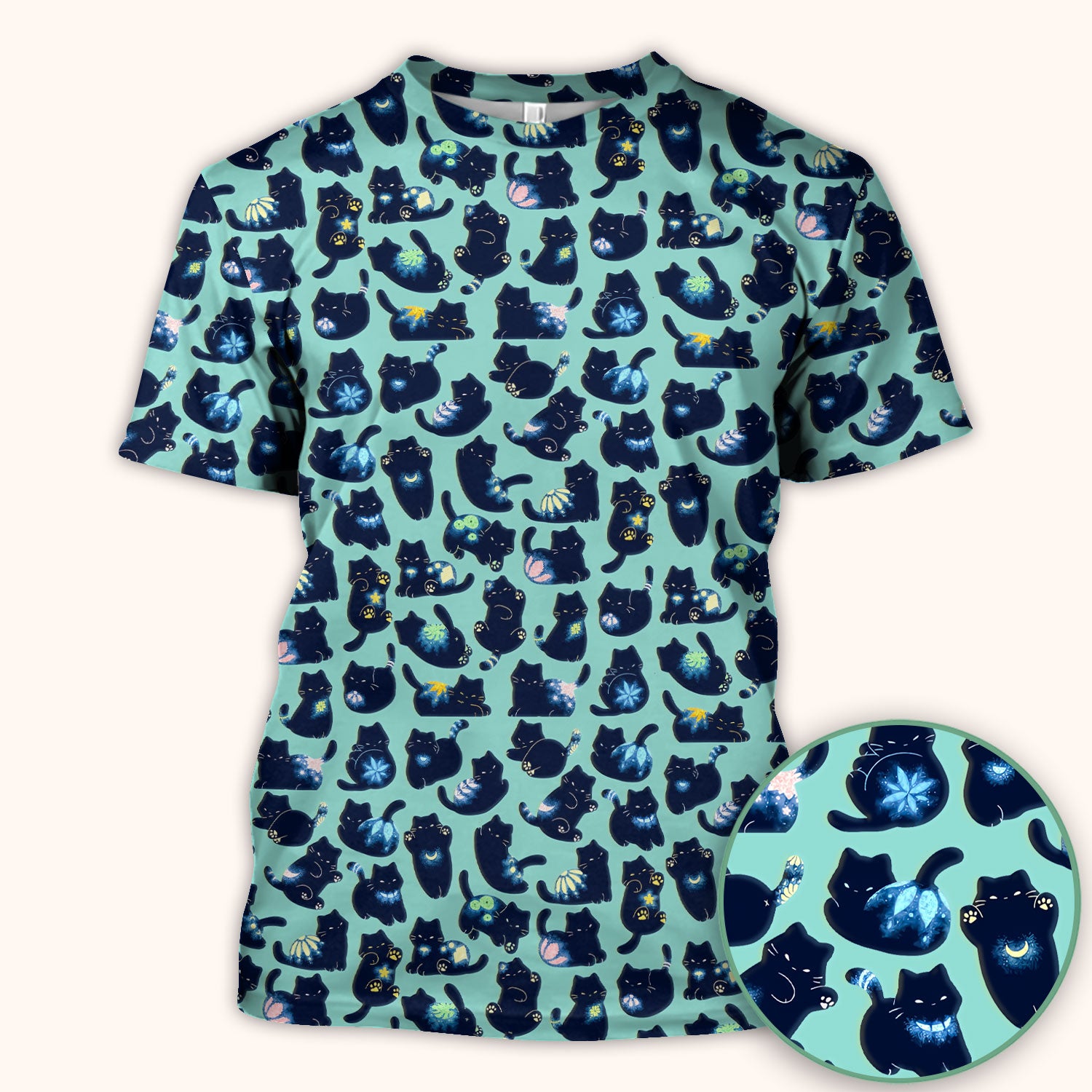 Midnight Cat Scrub Top, Black Cat Pattern Nurse Shirt, Breathable Fabrics Nursing Uniform